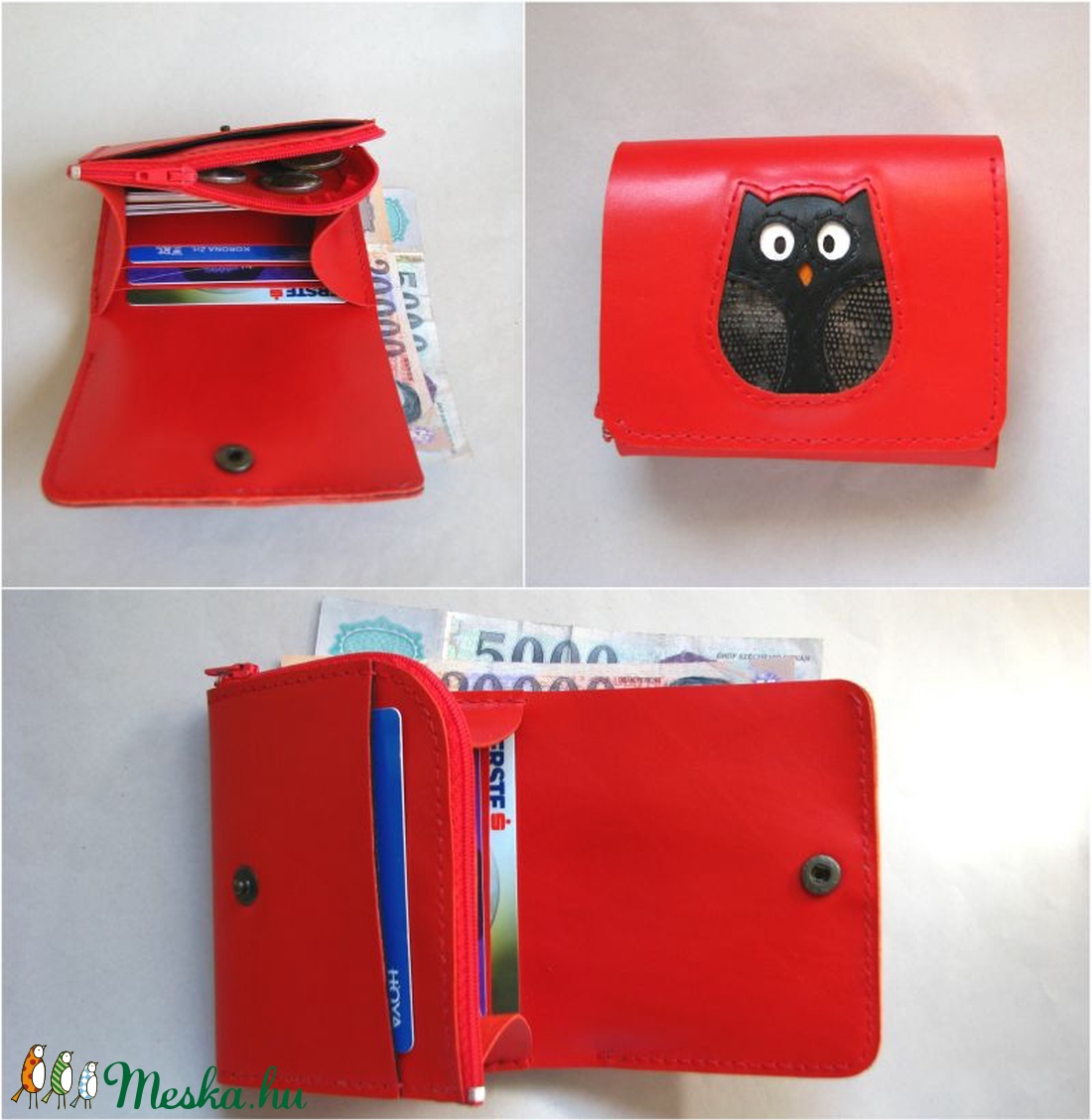 Piros fekete bagoly mintás bőr pénztárca -  - Meska.hu