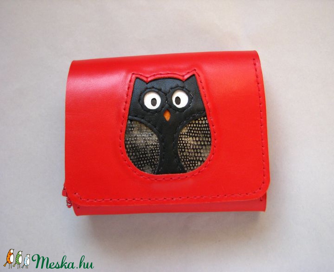 Piros fekete bagoly mintás bőr pénztárca -  - Meska.hu