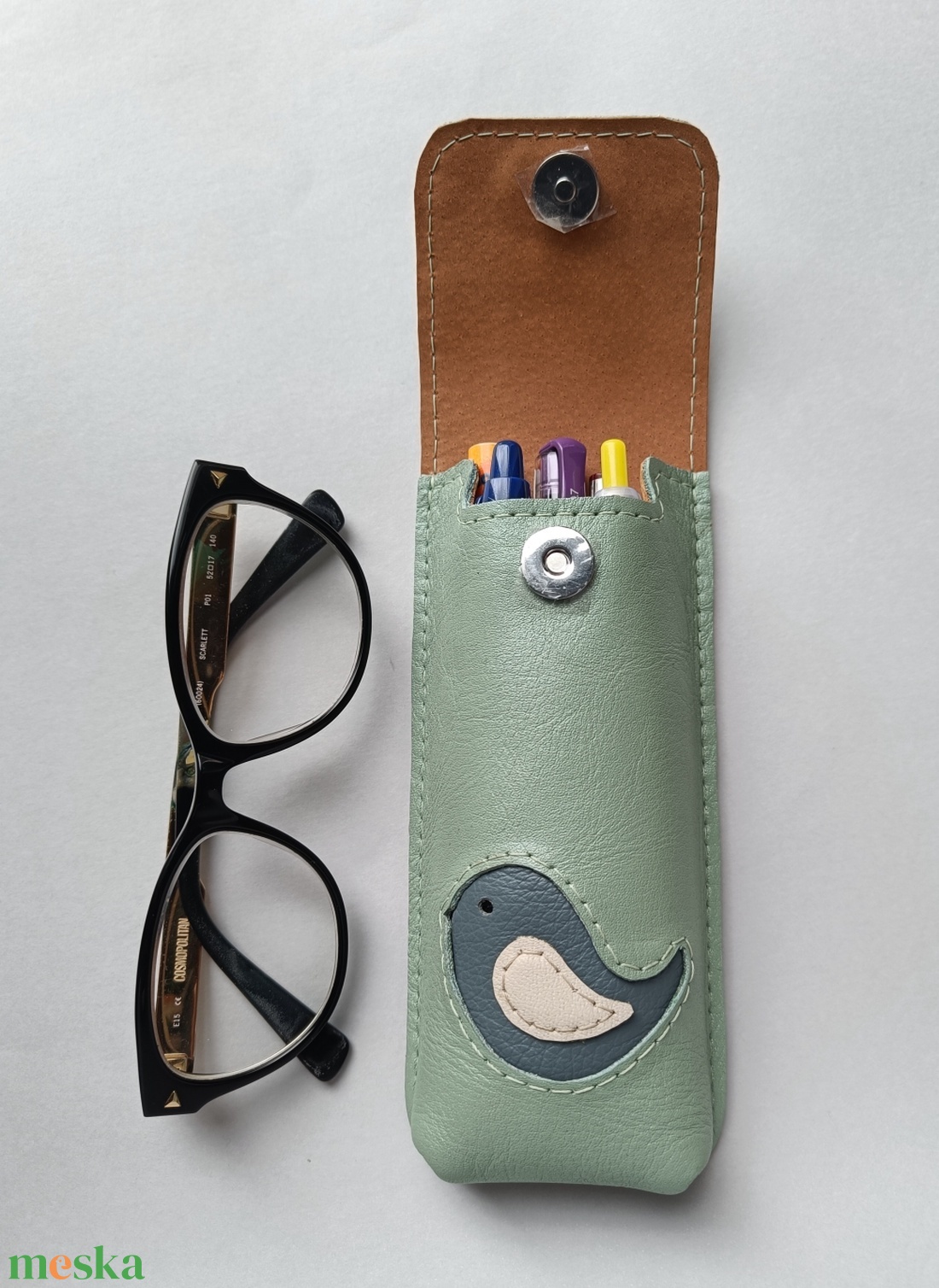 Mentazöld kék madár mintás bőr tolltartó, szemüvegtok - táska & tok - pénztárca & más tok - szemüvegtok - Meska.hu