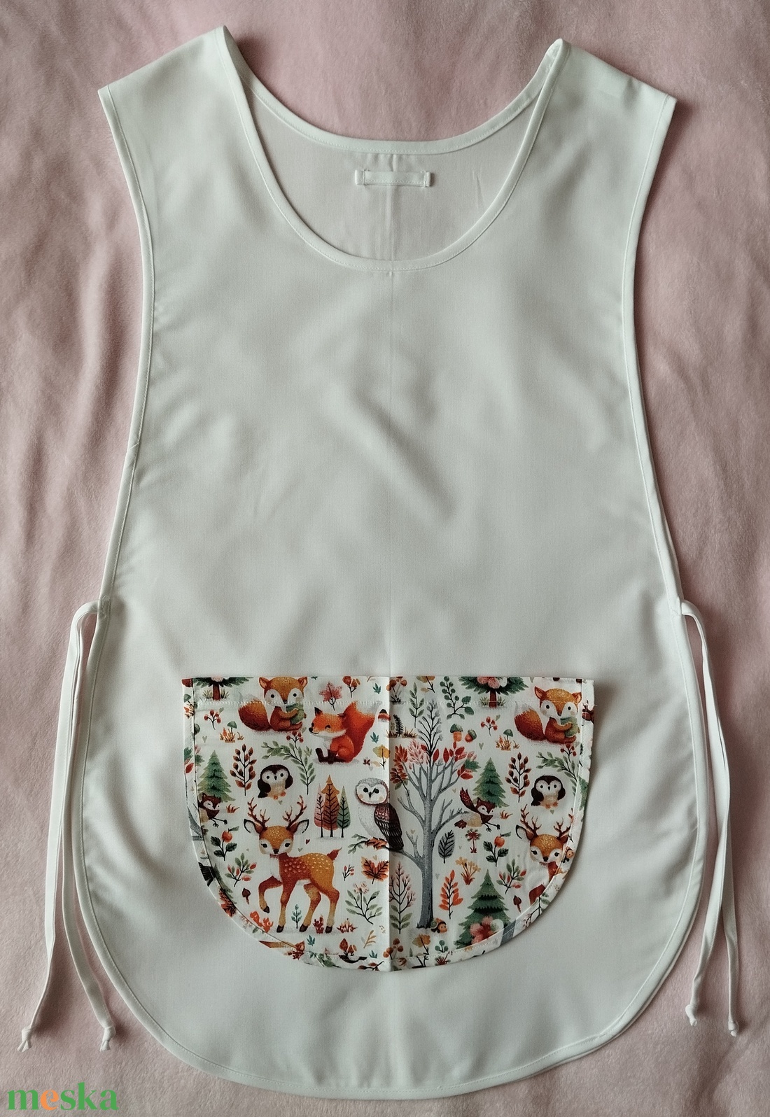 Női fehér lapköpeny, Róka ,Őz , Bagoly � mintás zsebbel , ovis , munkaruha  - ruha & divat - női ruha - tunika - Meska.hu