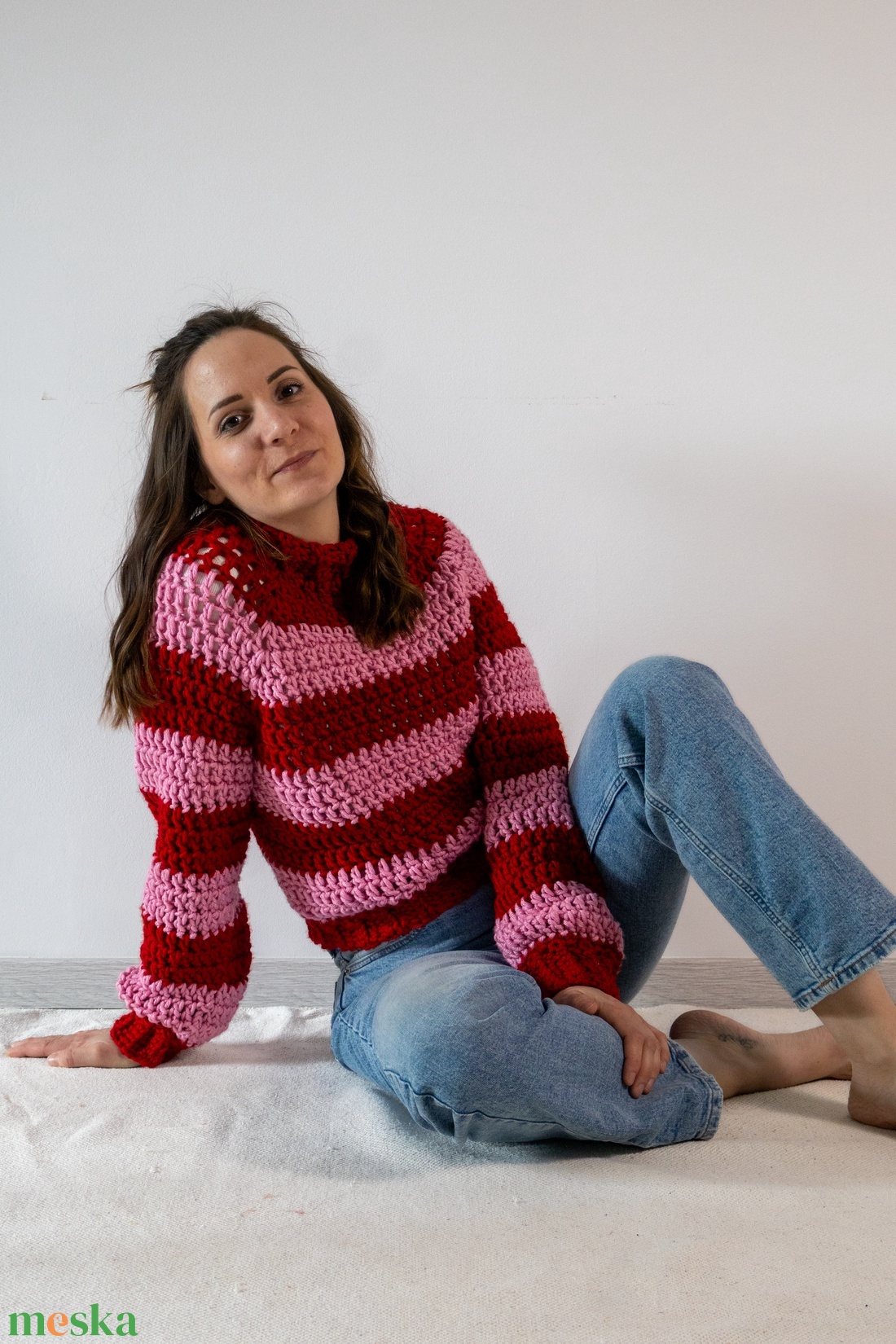 Horgolt csíkos pulóver - ruha & divat - női ruha - pulóver - Meska.hu