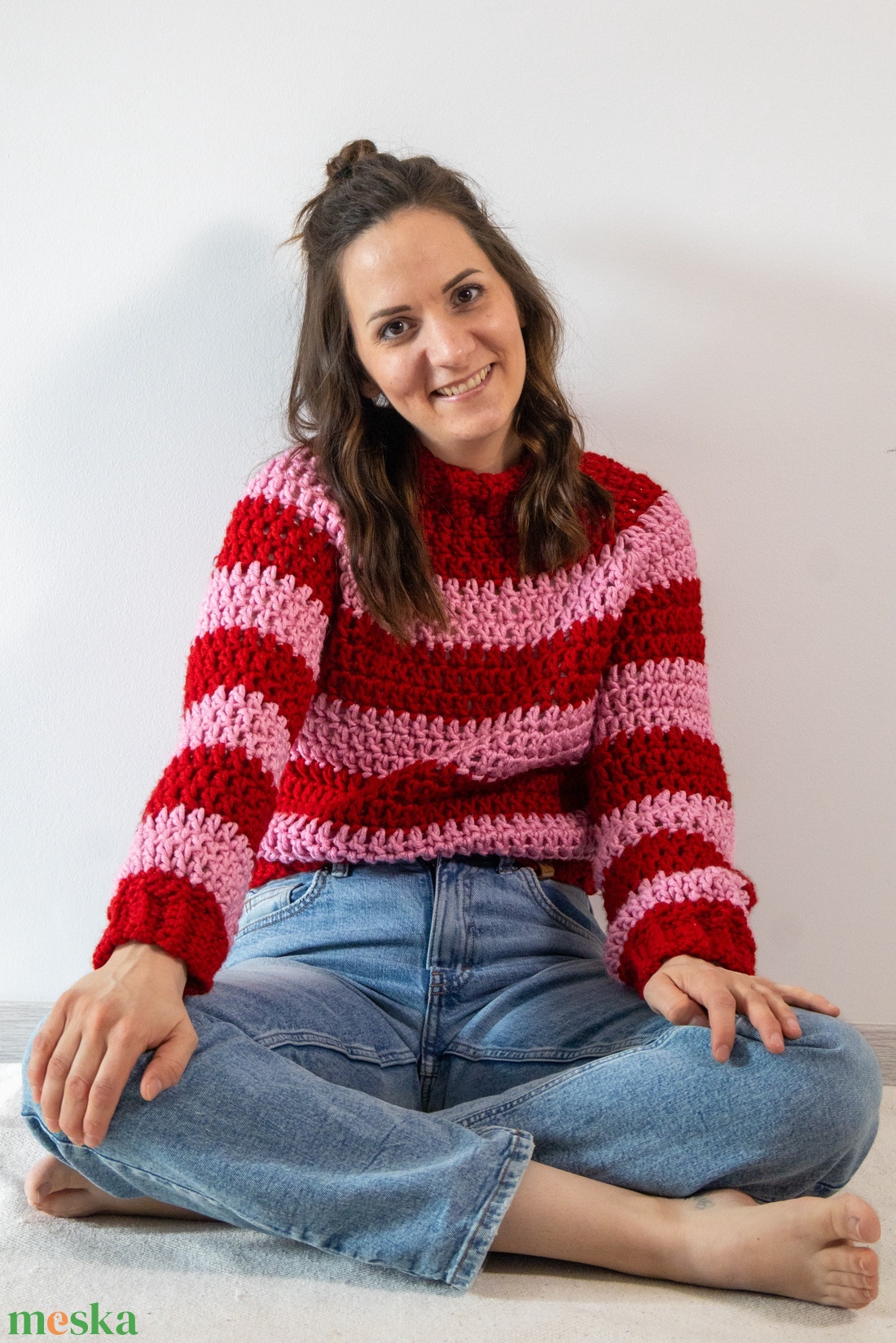 Horgolt csíkos pulóver - ruha & divat - női ruha - pulóver - Meska.hu