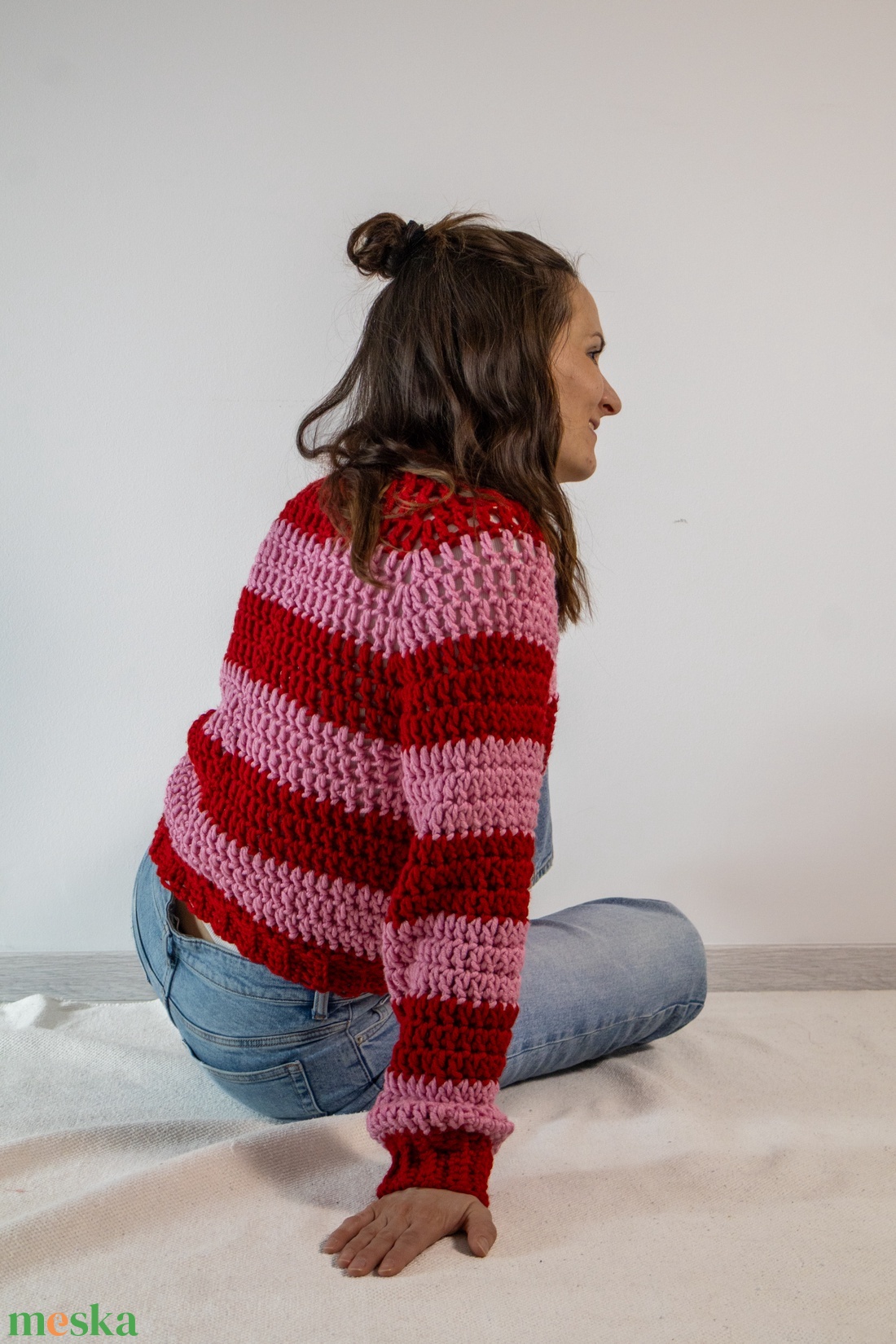 Horgolt csíkos pulóver - ruha & divat - női ruha - pulóver - Meska.hu