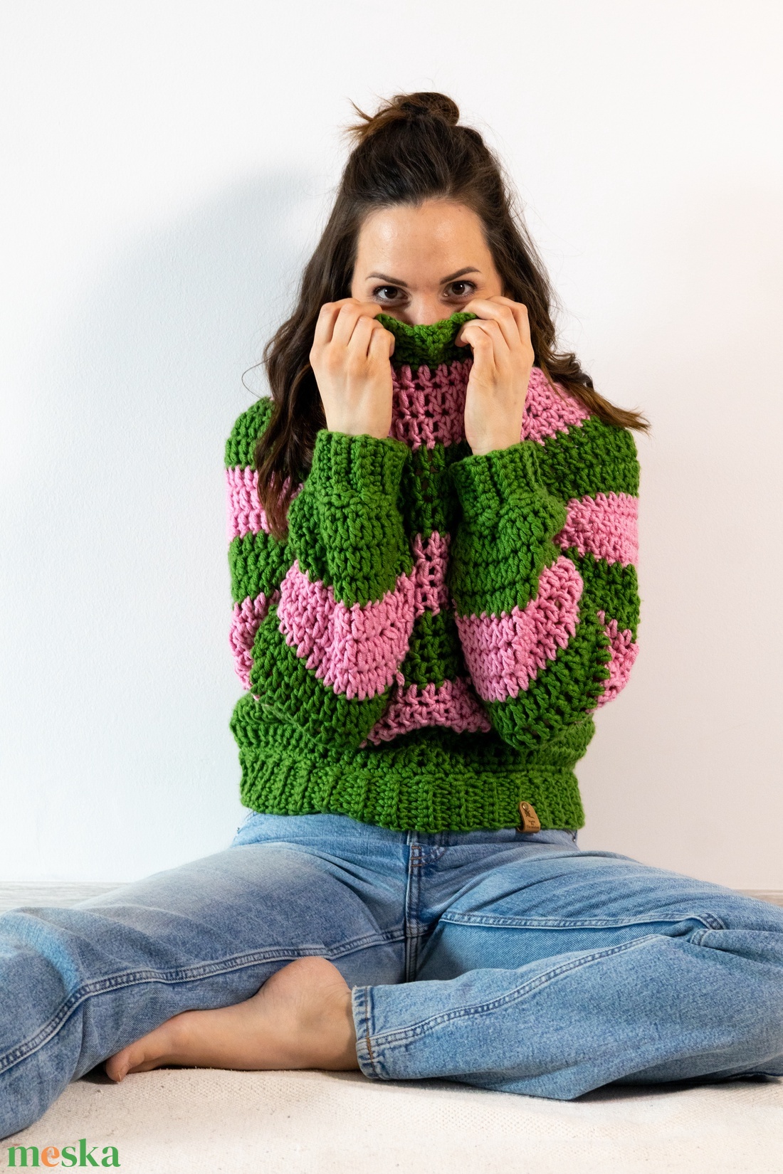 Horgolt csíkos pulóver - ruha & divat - női ruha - pulóver - Meska.hu