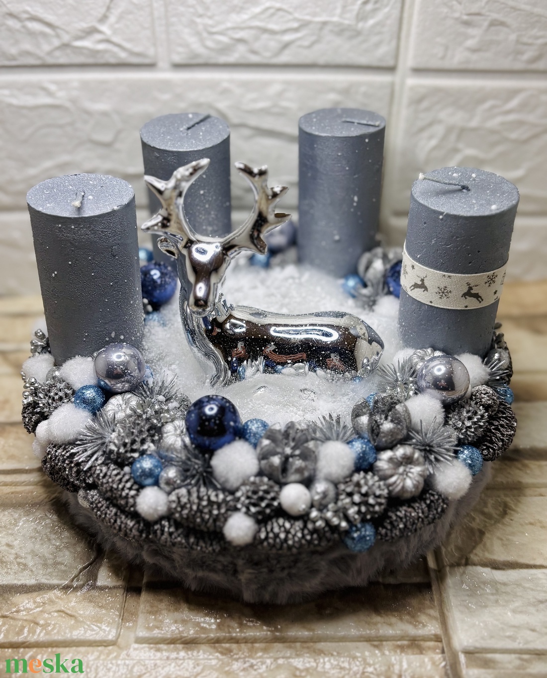 Ezüst szarvasos adventi koszorú - karácsony - adventi díszek - adventi koszorú - Meska.hu