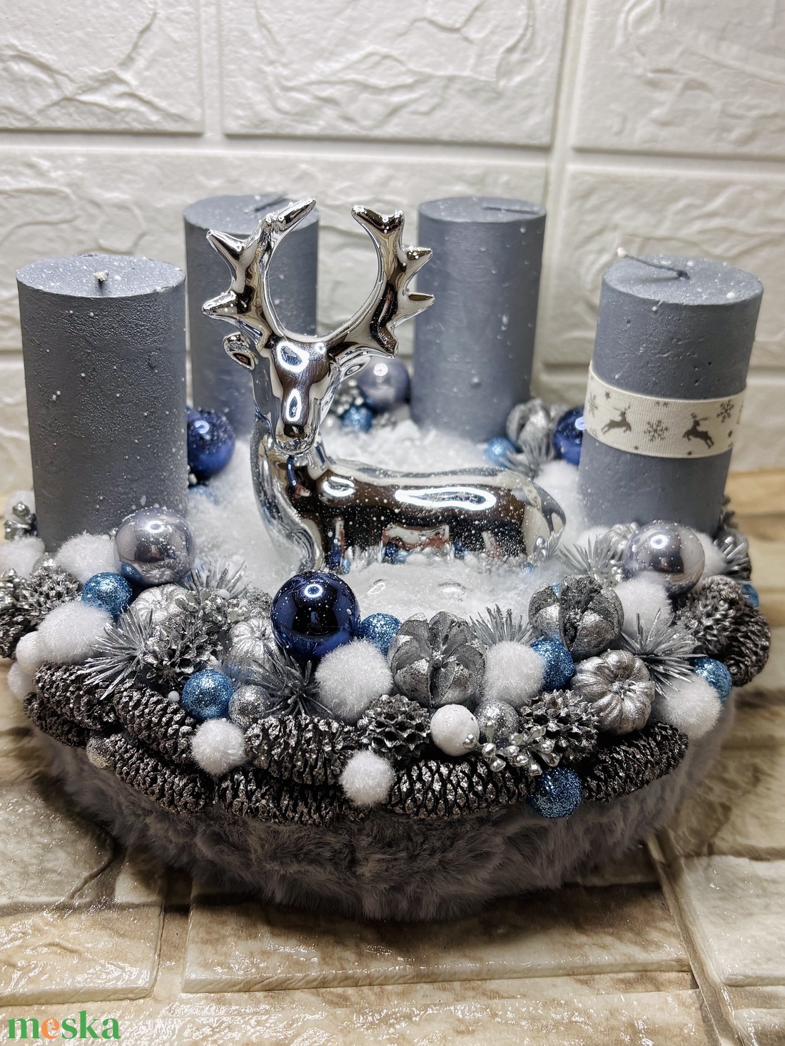 Ezüst szarvasos adventi koszorú - karácsony - adventi díszek - adventi koszorú - Meska.hu