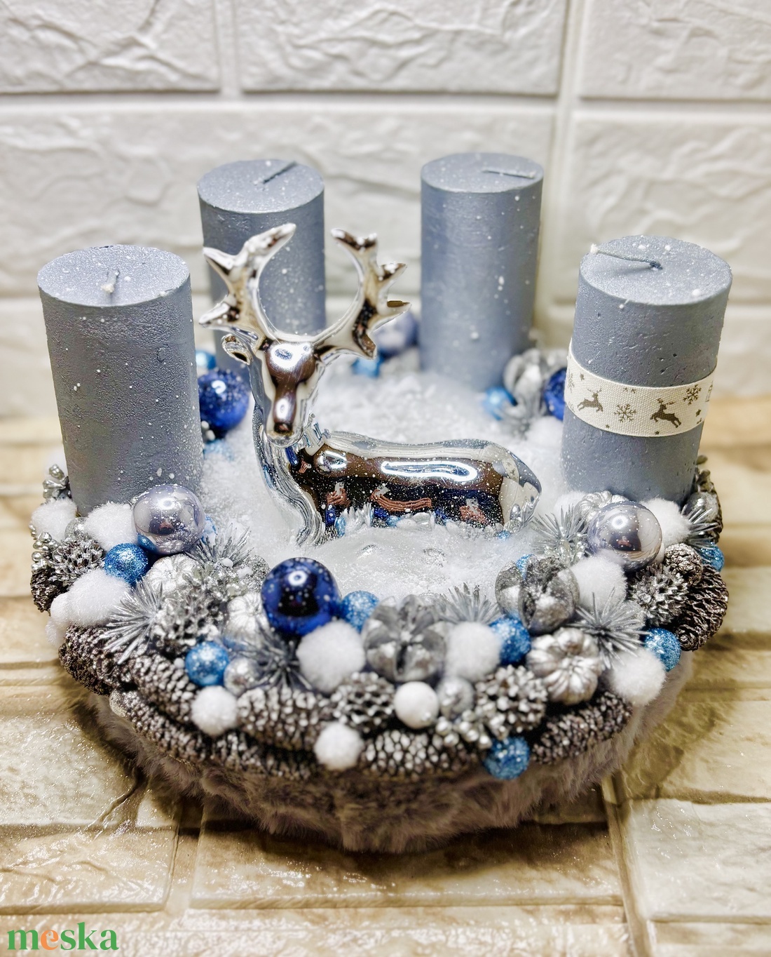 Ezüst szarvasos adventi koszorú - karácsony - adventi díszek - adventi koszorú - Meska.hu
