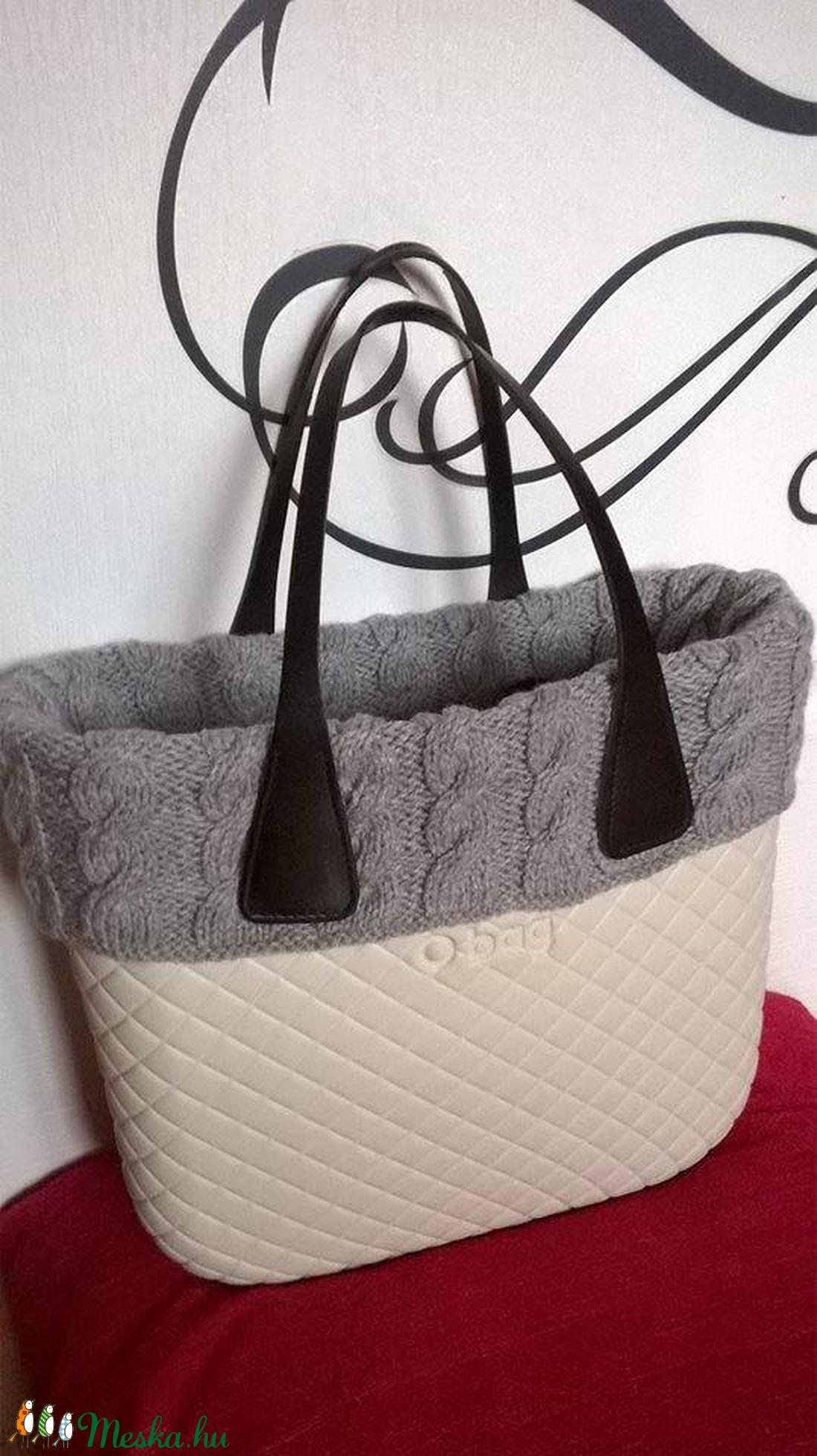 Kézzel kötött szürke gallér Obag classic táskára  -  - Meska.hu