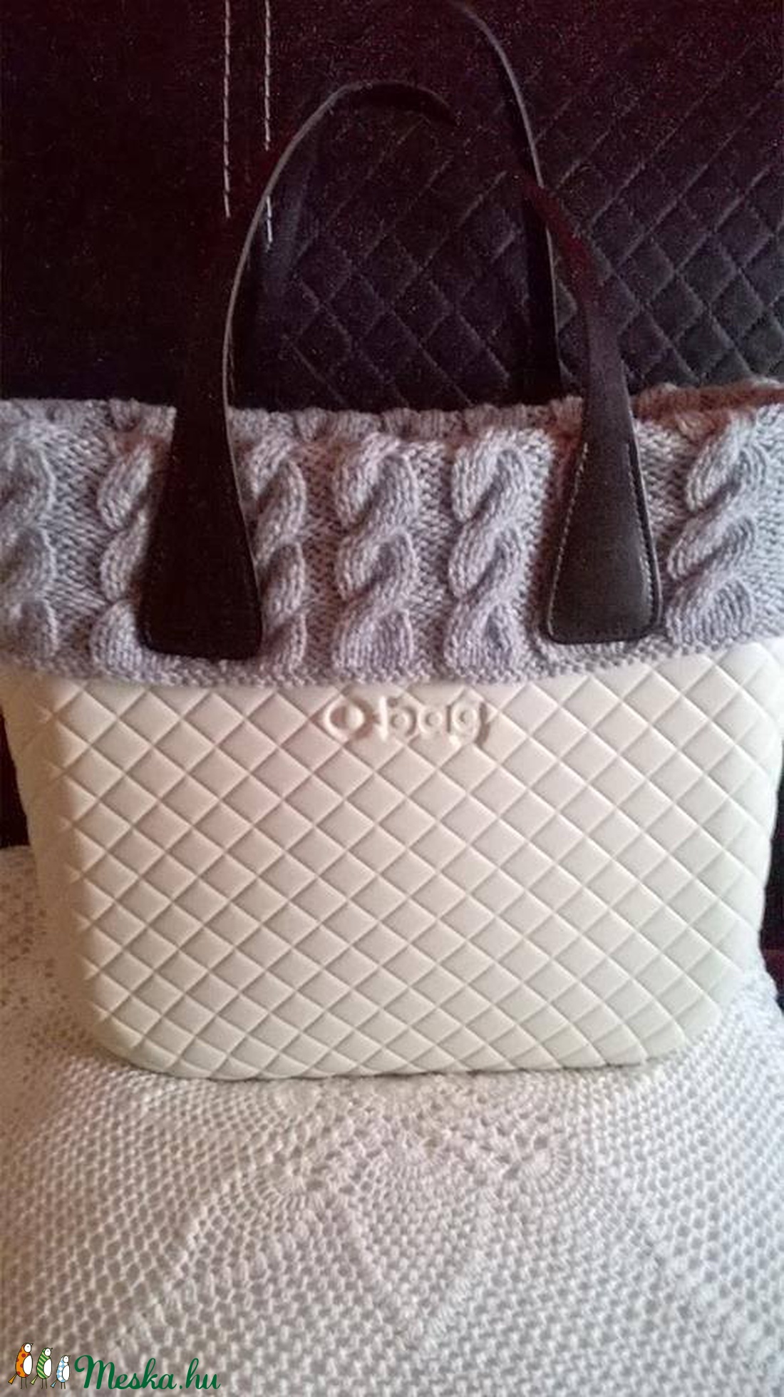 Kézzel kötött szürke gallér Obag classic táskára  -  - Meska.hu