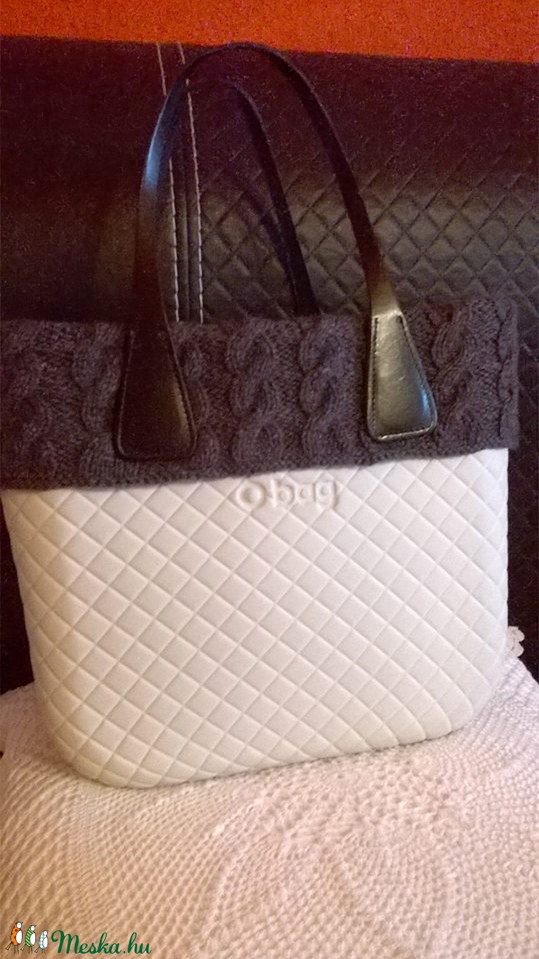 Kézzel kötött sötétszürke gallér Obag mini táskára -  - Meska.hu