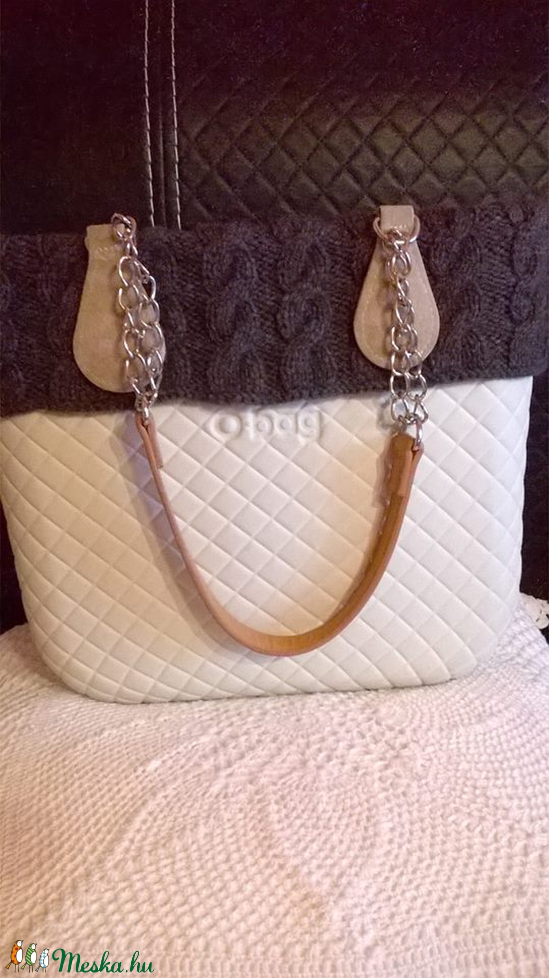 Kézzel kötött sötétszürke gallér Obag mini táskára -  - Meska.hu