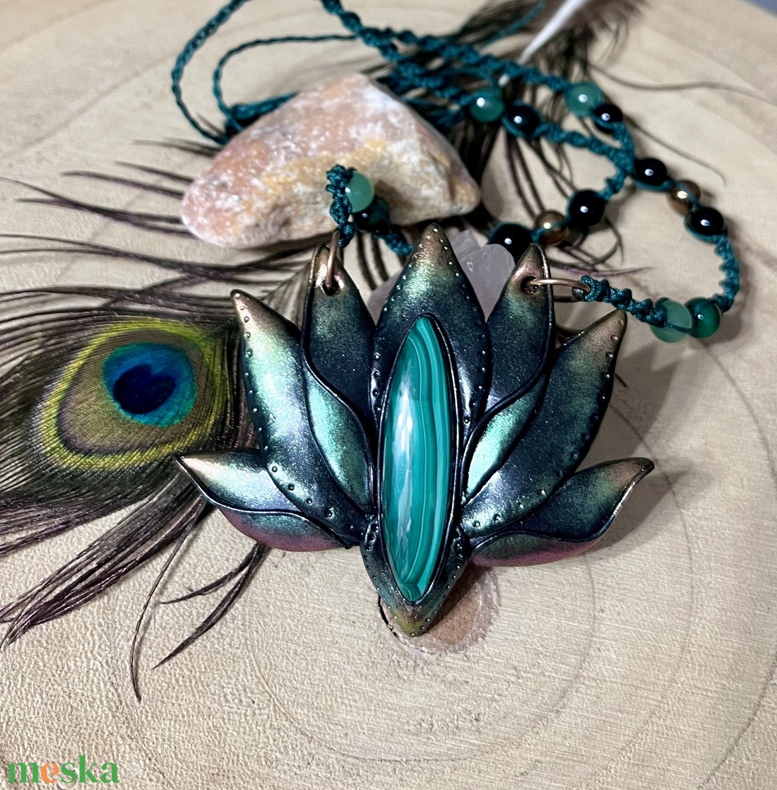 Malachit lótusz nyaklánc  - ékszer - nyaklánc - medálos nyaklánc - Meska.hu