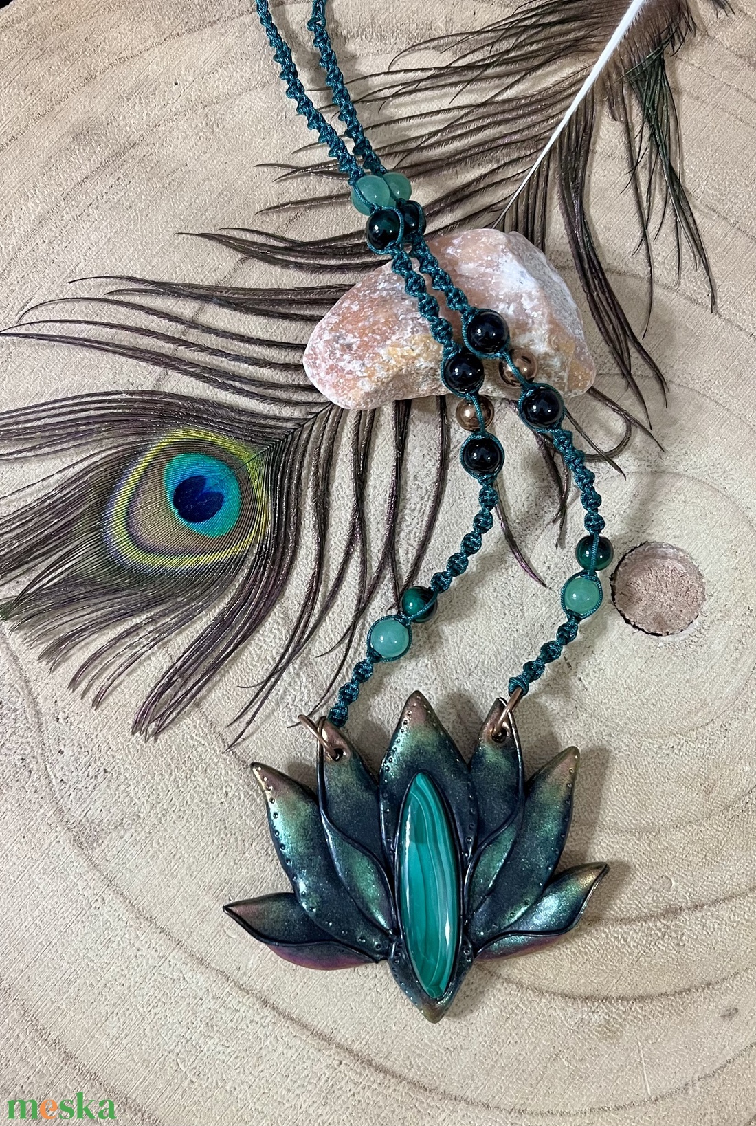 Malachit lótusz nyaklánc  - ékszer - nyaklánc - medálos nyaklánc - Meska.hu