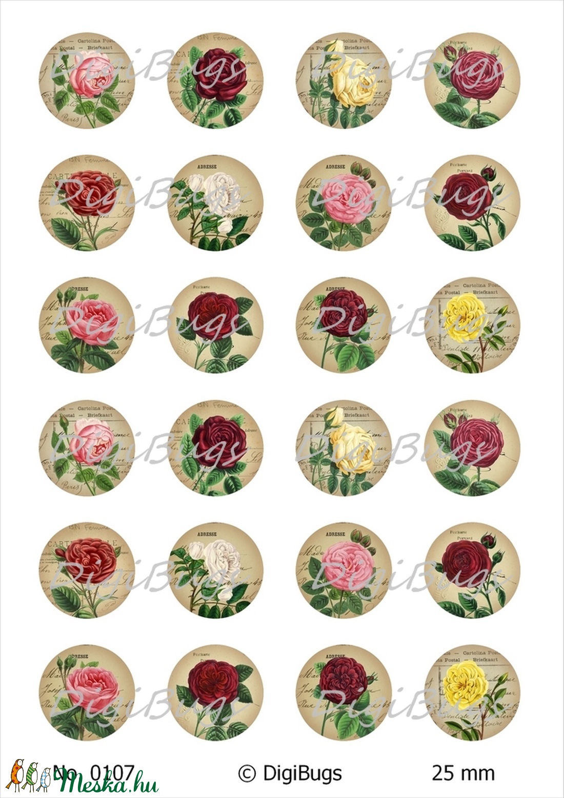 Vintage rózsák - nyomtatható papír alap ékszerkészítéshez  - kellékek & szerszámok - gyöngyfűzés kellékek - üveglencse - Meska.hu