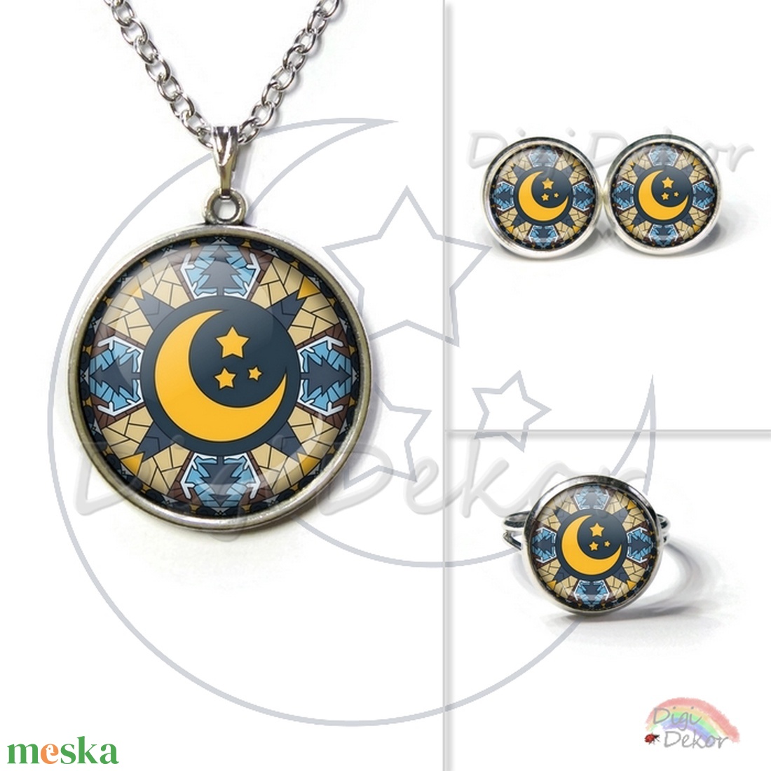 Karácsonyi mandalás nyaklánc, téli éjszaka, holdas csillagos ünnepi medál, mandala mintás karácsonyi ékszer - ékszer - nyaklánc - medálos nyaklánc - Meska.hu