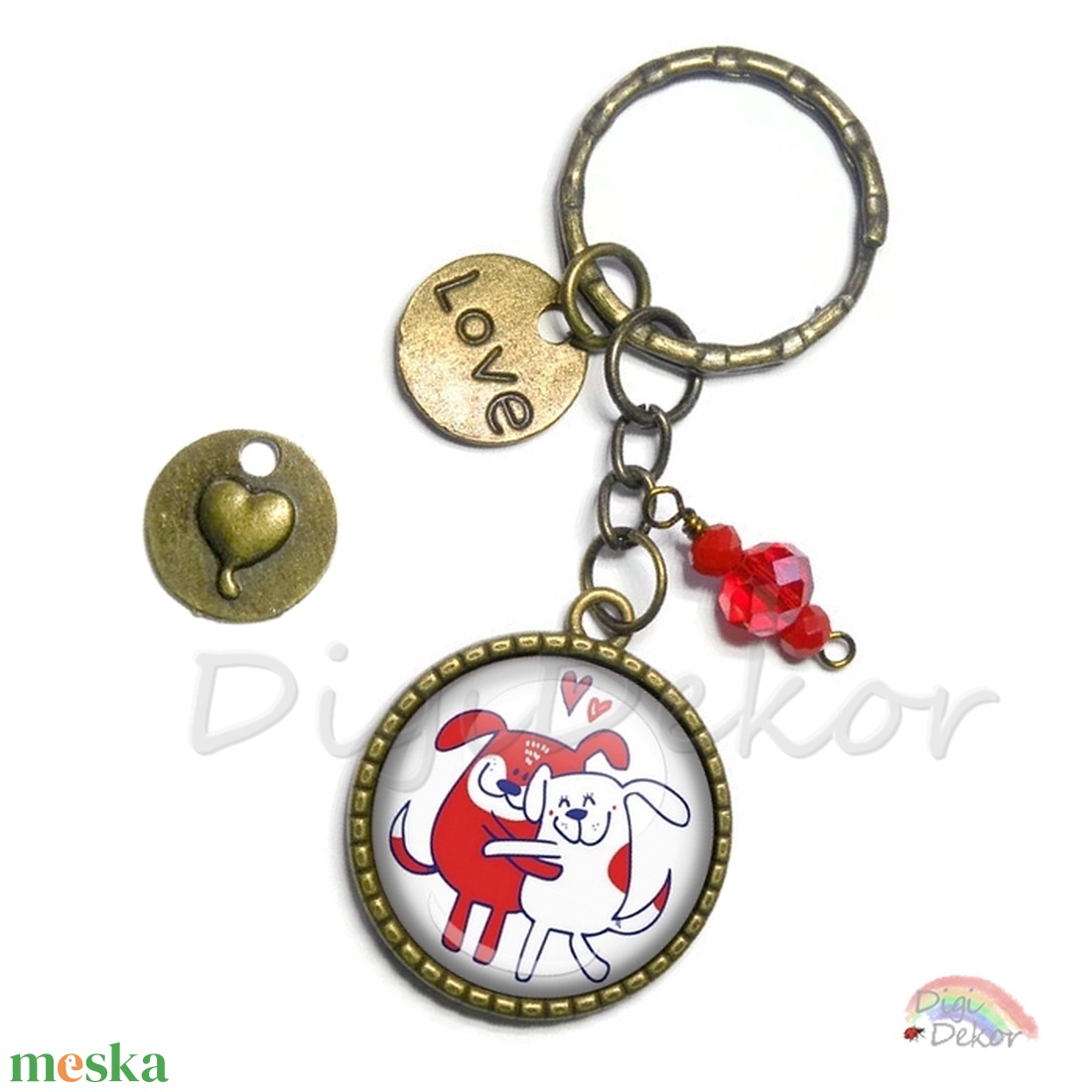Kutyusos kulcstartó piros gyöngyös díszítéssel, ajándék szerelmeseknek, Valentin-napi medál, ajándék pároknak - táska & tok - kulcstartó & táskadísz - kulcstartó - Meska.hu