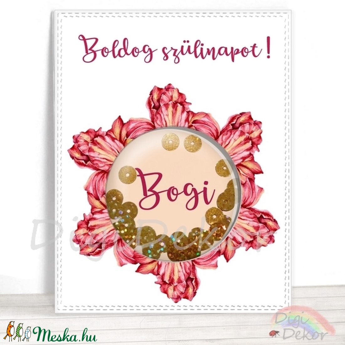 Névre szóló szülinapi tulipános képeslap, flitteres rázható kártya, ajándékkísérő születésnapra, személyes üzenet  -  - Meska.hu