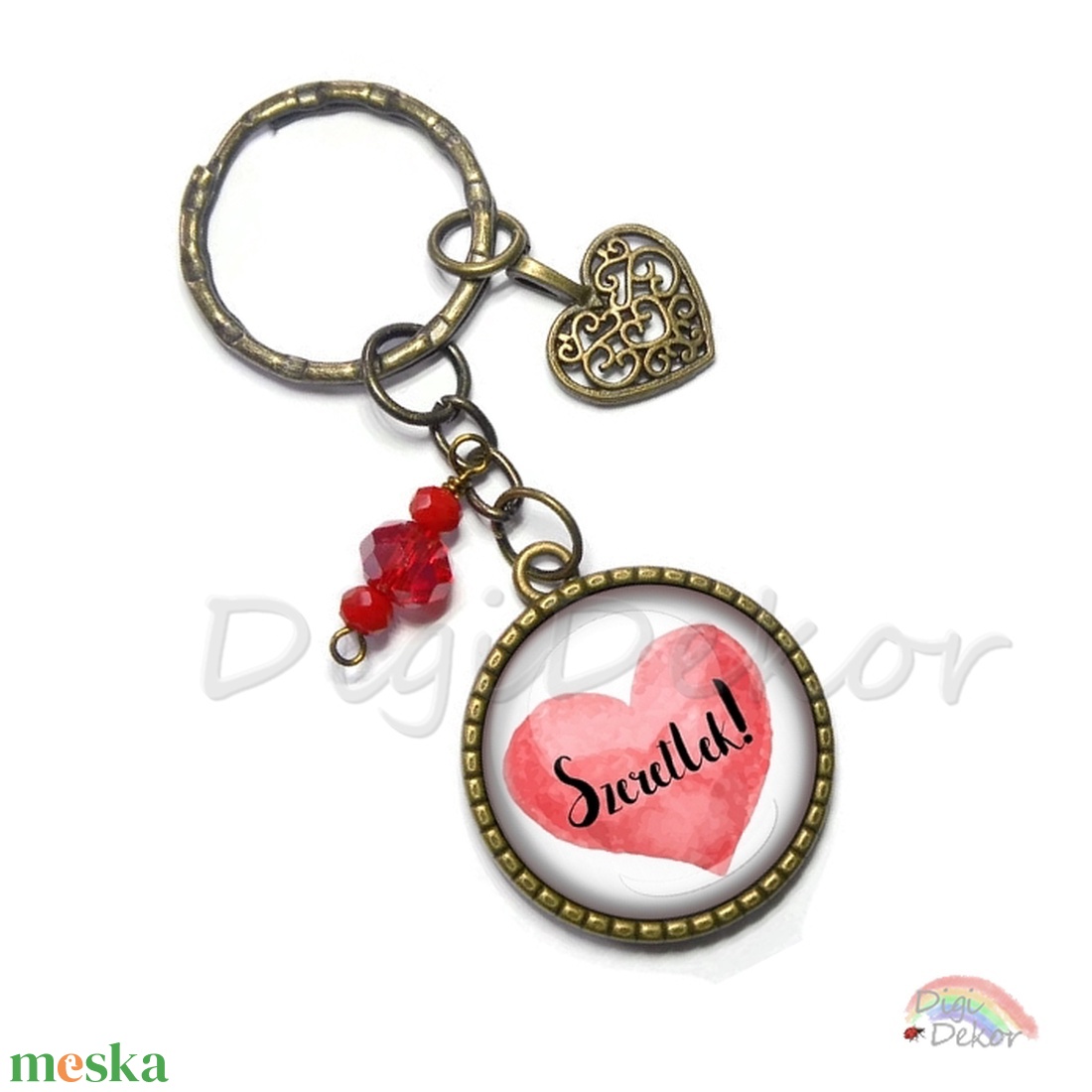Piros szíves feliratos kulcstartó szerelmeseknek, ajándék Valentin-napra, házaspároknak, pároknak, bronz medál, gyöngyös - táska & tok - kulcstartó & táskadísz - kulcstartó - Meska.hu