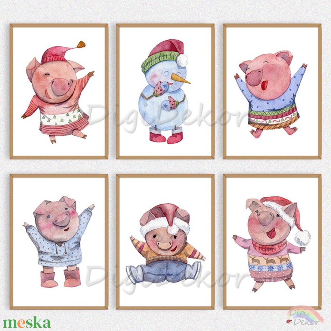 Vicces malackás faliképek gyerekszobába, téli dekoráció, karácsonyi képek, hóember, kismalac, tél, A4-es print, akvarell - karácsony - mikulás - mikulás beltéri dekoráció - Meska.hu