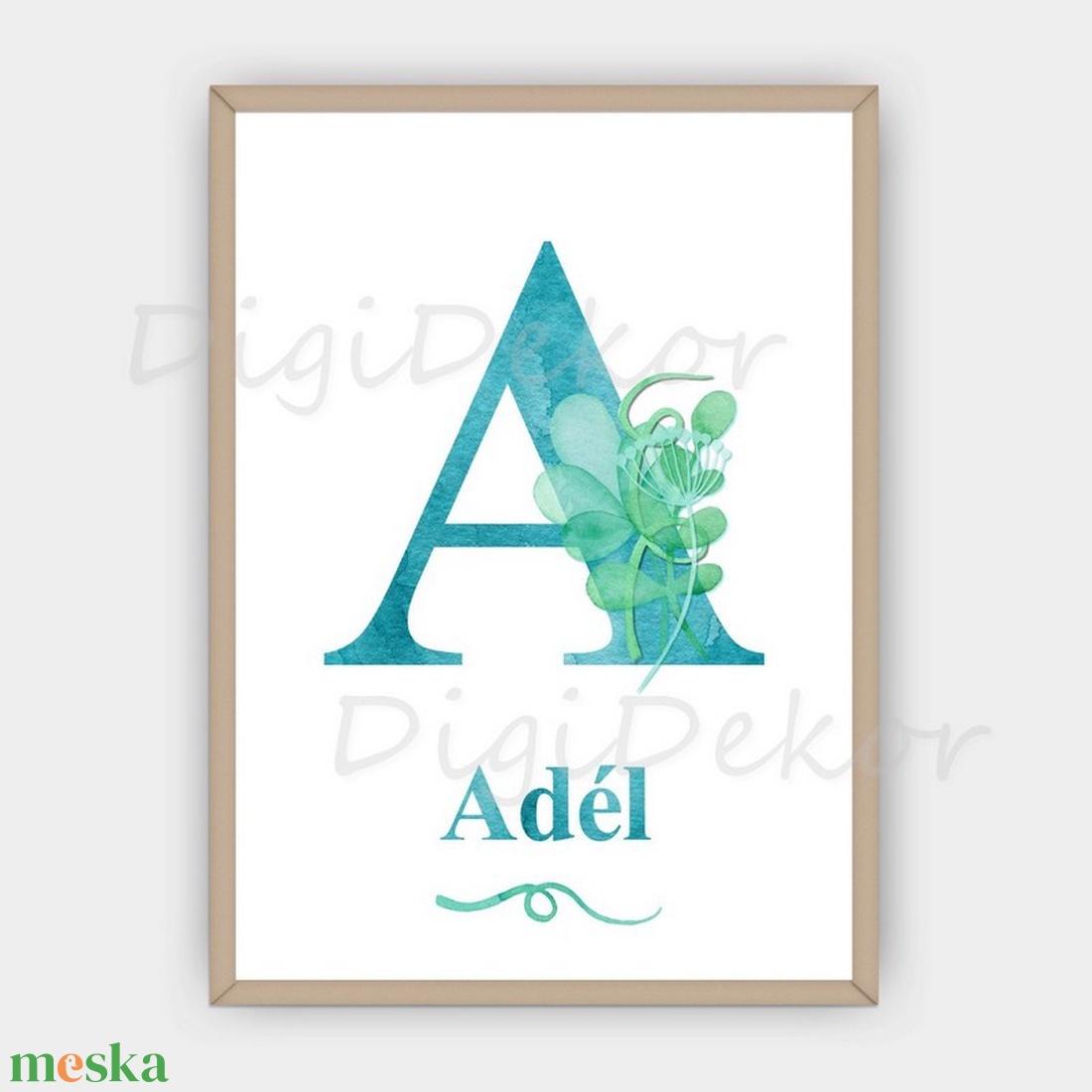 Monogram táblakép névvel. Türkiz betű tengeri hínáros motívummal. - otthon & életmód - dekoráció - fali és függő dekoráció - falra akasztható dekor - Meska.hu