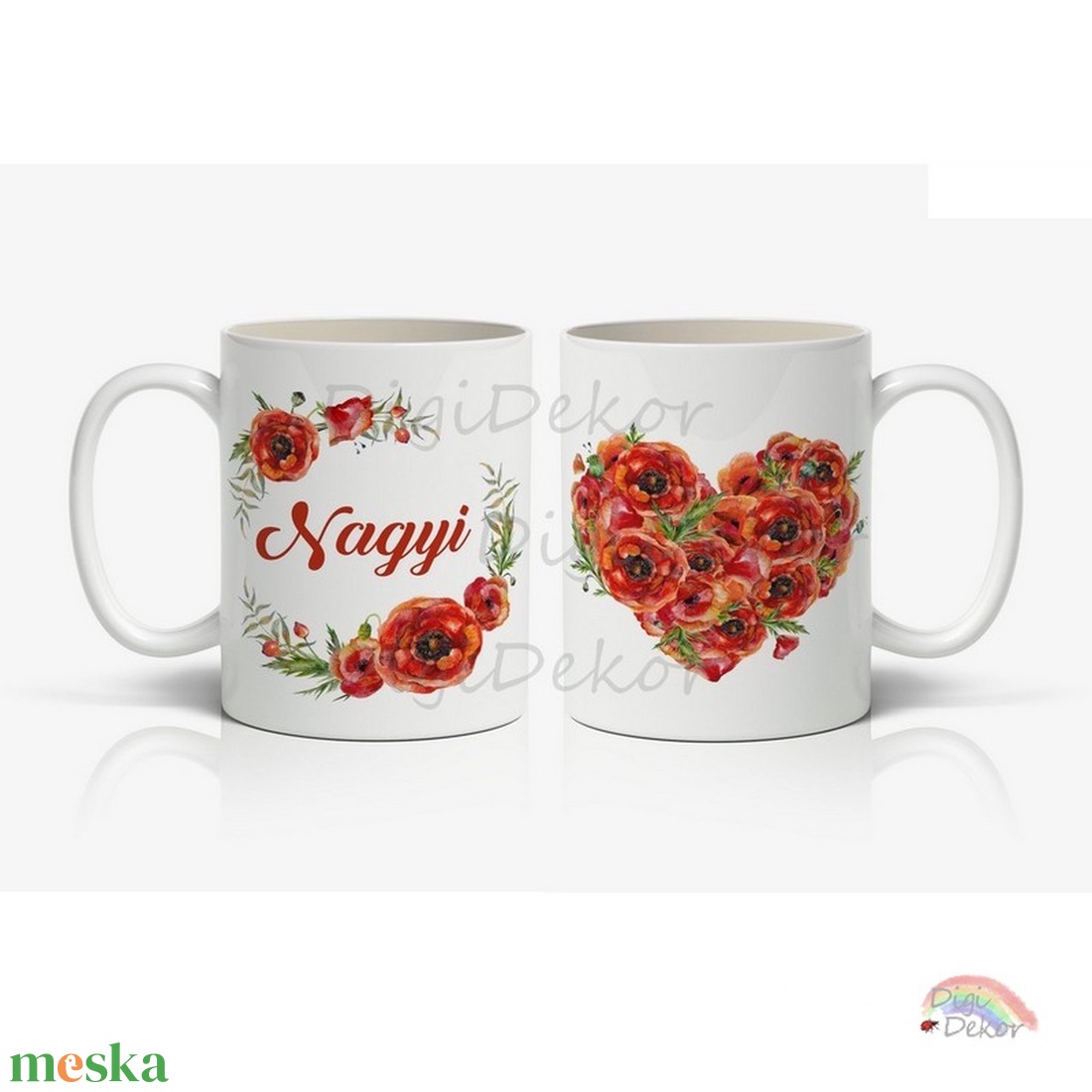 Pipacsos-szíves anyák napi bögre nagymamának. Kedves mama-ajándék gyönyörű virágokkal és Nagyi felirattal.  - otthon & életmód - konyhafelszerelés, tálalás - tálalás - bögre & csésze - Meska.hu