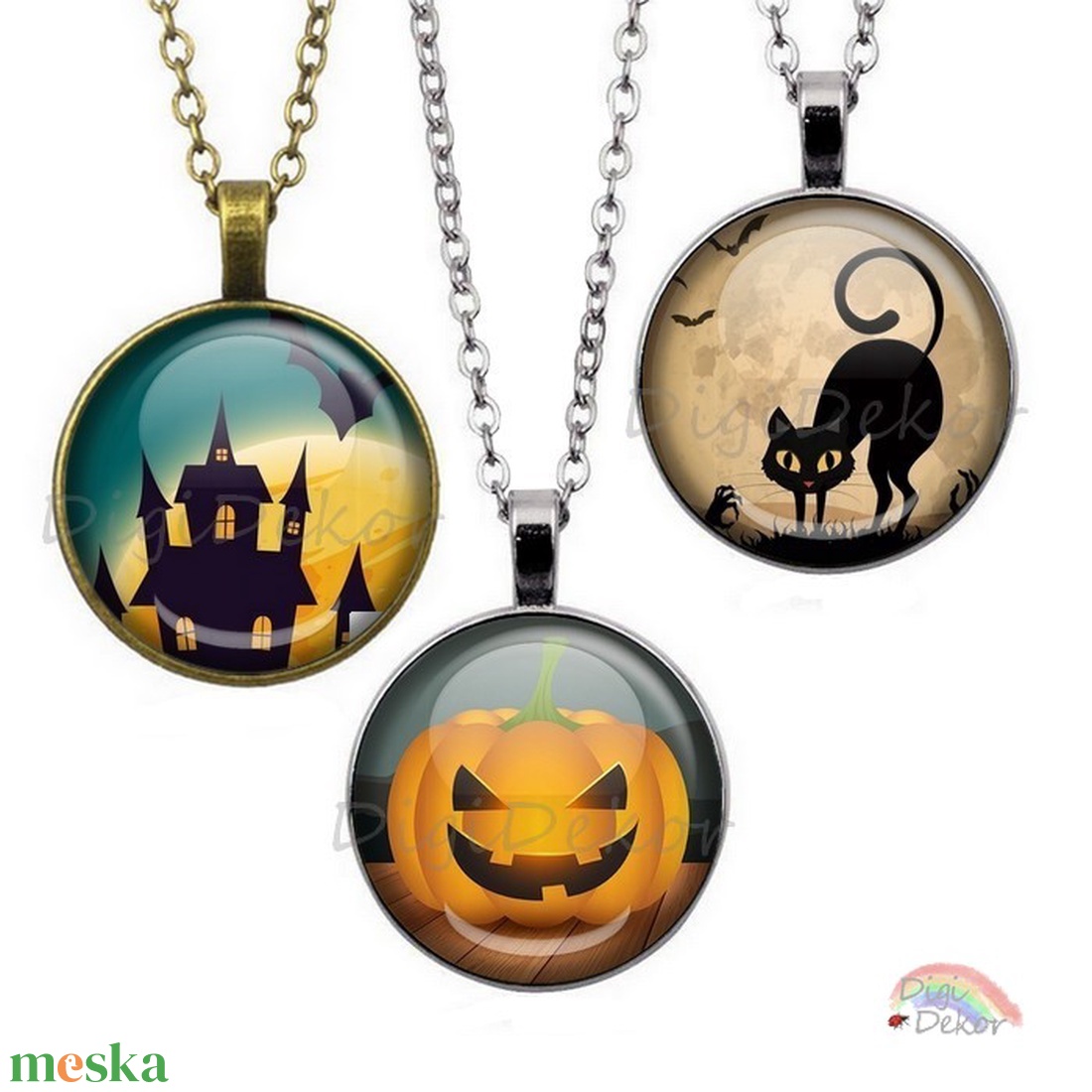 Hangulatos Halloween-nyakláncok kicsiknek és nagyoknak. Üveglencsés medállal, fekete macska, tök, kastély.  - otthon & életmód - dekoráció - halloween - halloweeni ékszerek - Meska.hu