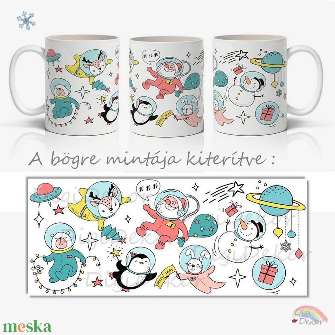 Télapó és barátai az űrben. Jópofa kerámia bögre gyerekeknek. Mikulás, hóember, pingvin, rénszarvas. - karácsony - mikulás - mikulás ajándékok - Meska.hu