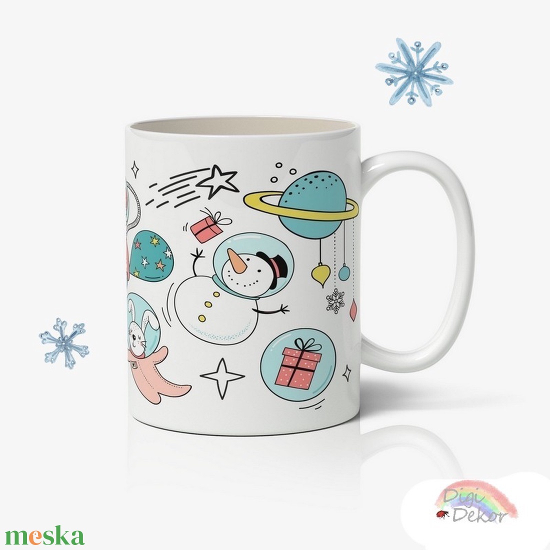 Télapó és barátai az űrben. Jópofa kerámia bögre gyerekeknek. Mikulás, hóember, pingvin, rénszarvas. - karácsony - mikulás - mikulás ajándékok - Meska.hu