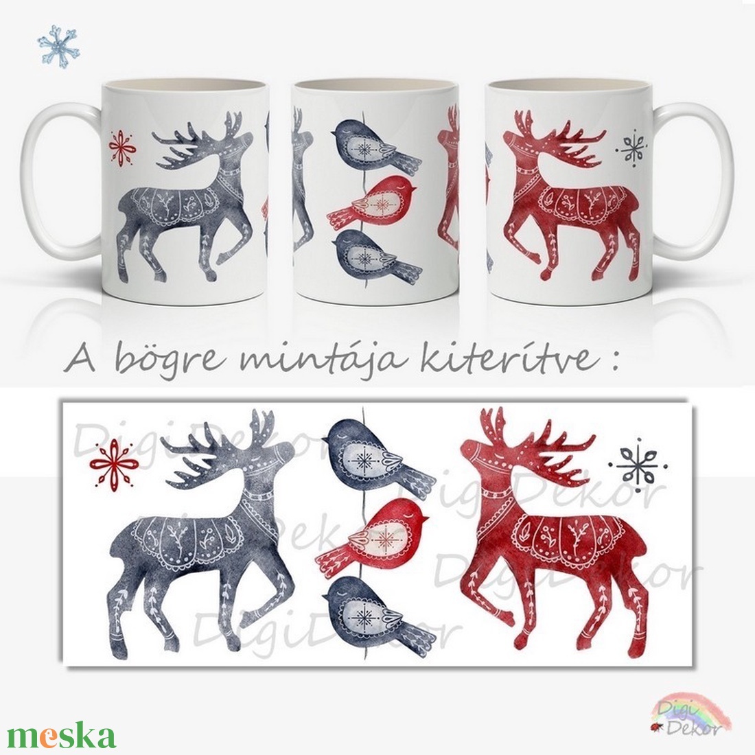 Skandináv hangulatú, rénszarvasos-madaras karácsonyi bögre. Téli ajándék bögre. - otthon & életmód - konyhafelszerelés, tálalás - tálalás - bögre & csésze - Meska.hu