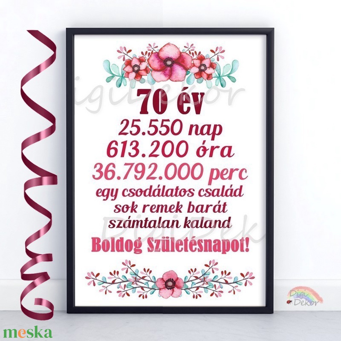 Zöld-bordó, virágos szülinapi tábla nőknek. Falikép születésnapra, A4-es, A3-as print vagy táblakép. Szülinapi ajándék. - otthon & életmód - dekoráció - kép & falikép - táblakép - Meska.hu