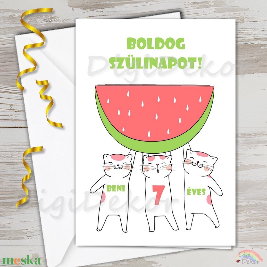 Cicás-dinnyés szülinapi képeslap névvel és számmal. Aranyos üdvözlőlap gyerekeknek.  - otthon & életmód - papír, írószer - ajándékozás kellékei - képeslap, üdvözlőlap - Meska.hu