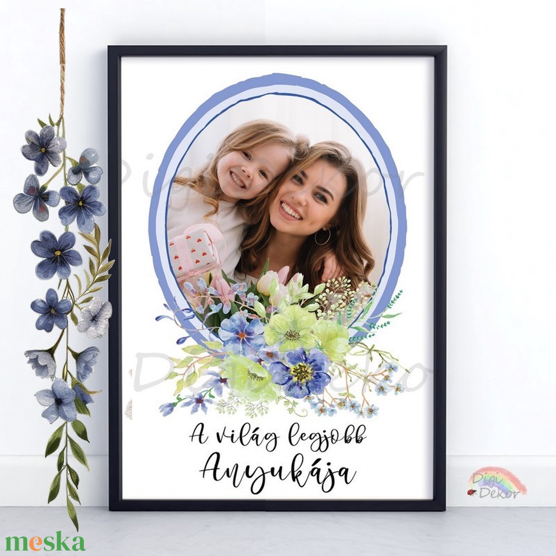 Kék-zöld virágokkal díszített, fényképes falikép Mamának, Anyának, Dédinek. Egyedi táblakép anyák napjára, karácsonyra. - otthon & életmód - dekoráció - kép & falikép - táblakép - Meska.hu