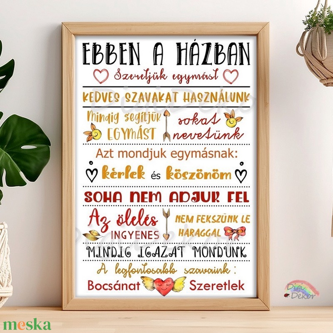 Piros-narancssárga Ebben a házban... táblakép, családi szabályok kedves rajzokkal. Ajándék házavatóra, karácsonyra. - otthon & életmód - dekoráció - fali és függő dekoráció - falra akasztható dekor - Meska.hu