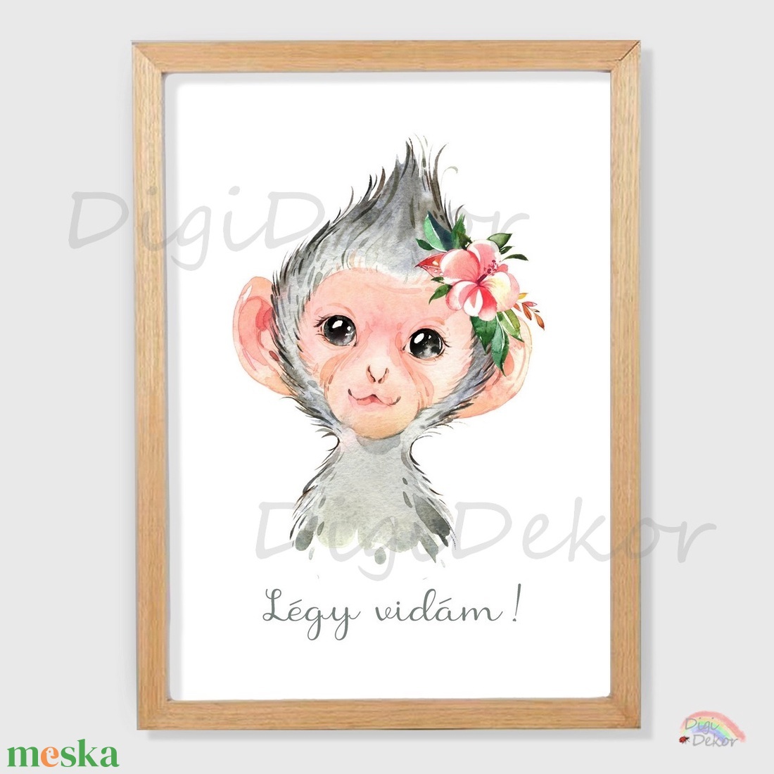 Légy vidám! Majmos falikép gyerekeknek. Szavannai állatok. Gyerekszoba kép kerettel. Táblakép. A4, A3.  - otthon & életmód - babaszoba, gyerekszoba - babaszoba kép - Meska.hu