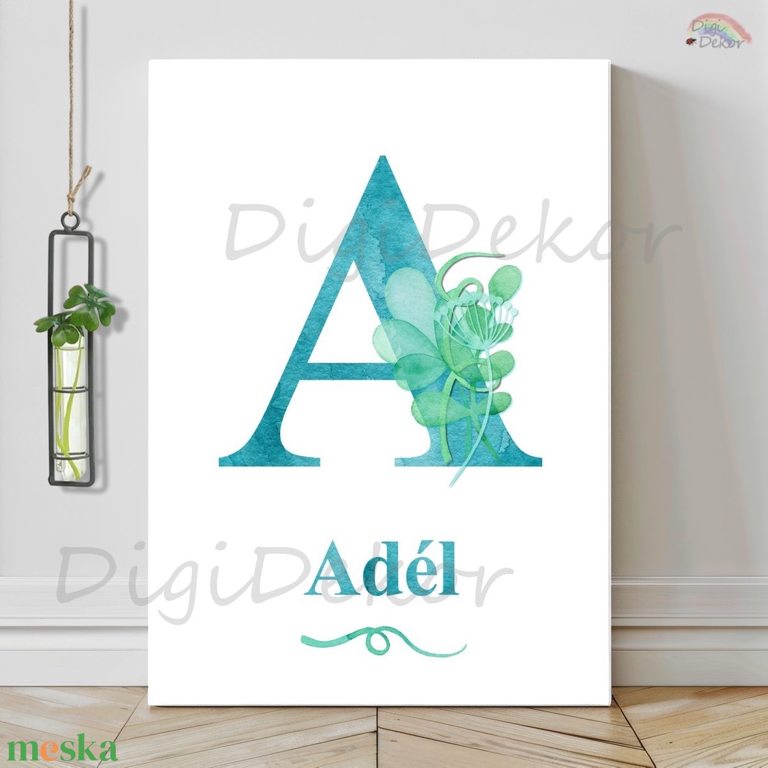 Monogram táblakép névvel. Türkiz betű tengeri hínáros motívummal. - otthon & életmód - dekoráció - fali és függő dekoráció - falra akasztható dekor - Meska.hu
