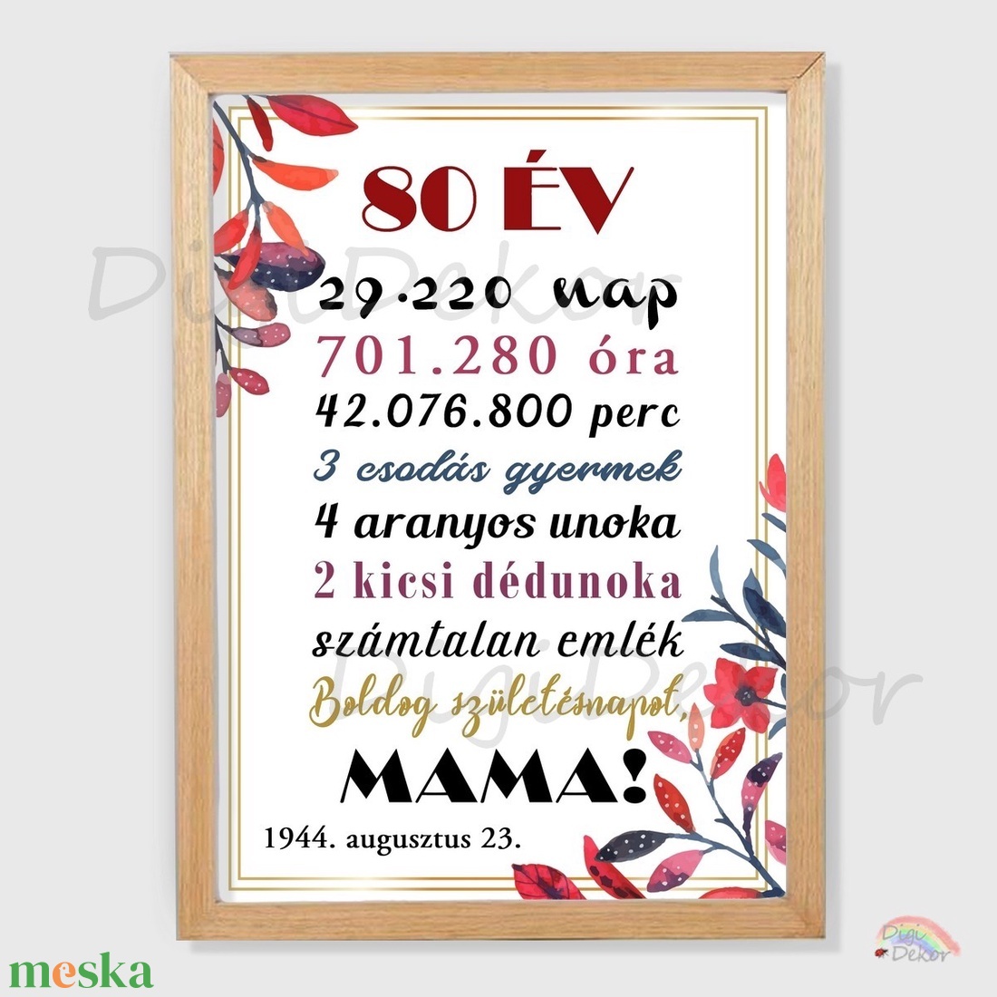 Szülinapi tábla Mamának, Dédimamának. Virágos falikép kerek születésnapra. - otthon & életmód - dekoráció - kép & falikép - poszter - Meska.hu