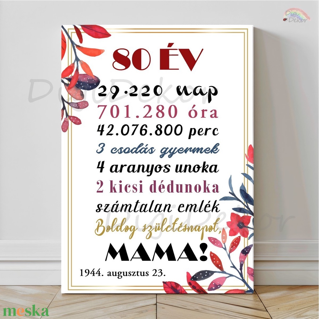 Szülinapi tábla Mamának, Dédimamának. Virágos falikép kerek születésnapra. - otthon & életmód - dekoráció - kép & falikép - poszter - Meska.hu