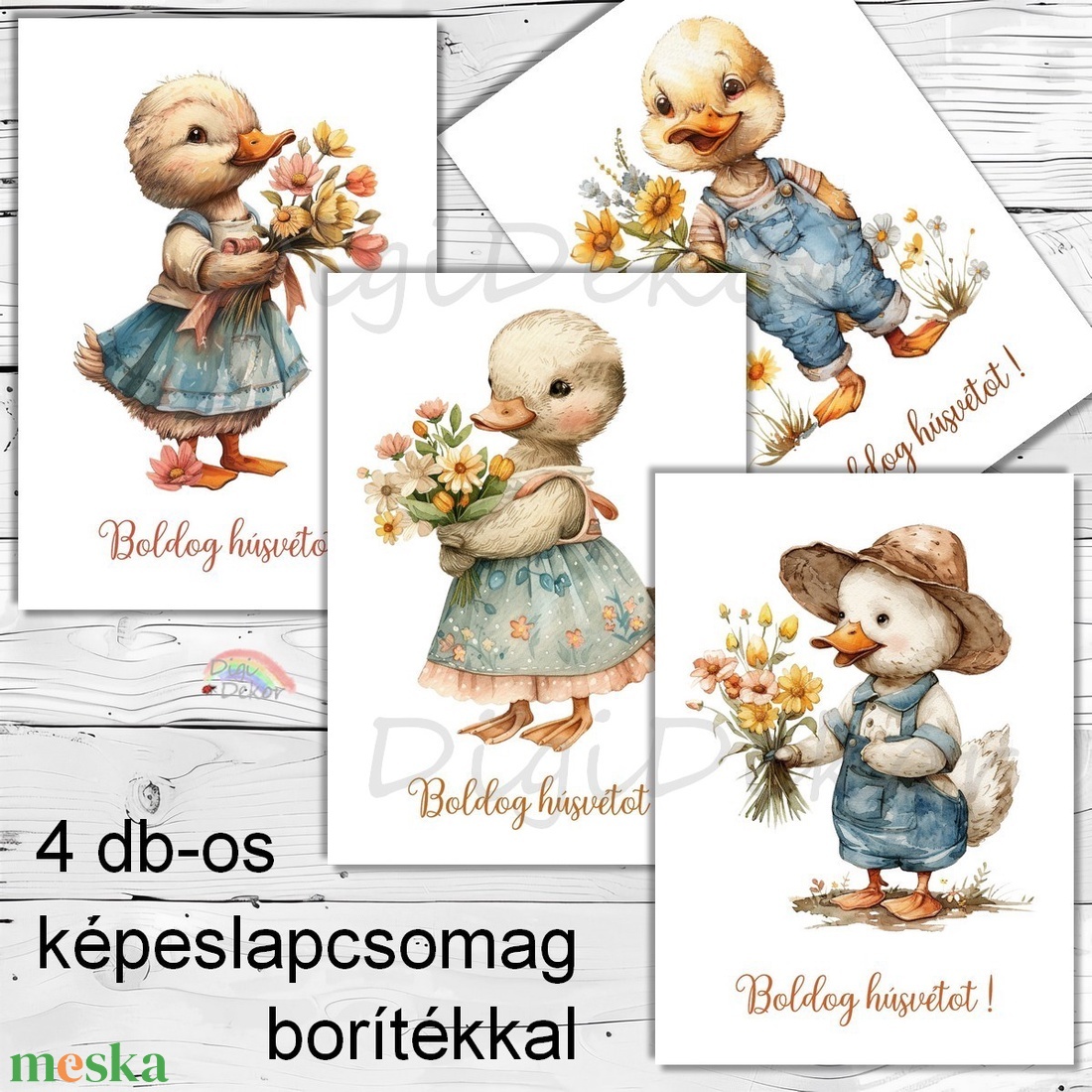 Húsvéti képeslapok csomagban. Kiskacsák virágcsokorral. 4 db képeslap húsvétra. - otthon & életmód - papír, írószer - ajándékozás kellékei - képeslap, üdvözlőlap - Meska.hu Húsvéti képeslapok csomagban. Kiskacsák virágcsokorral. 4 db képeslap húsvétra. - otthon & életmód - papír, írószer - ajándékozás kellékei - képeslap, üdvözlőlap - Meska.hu