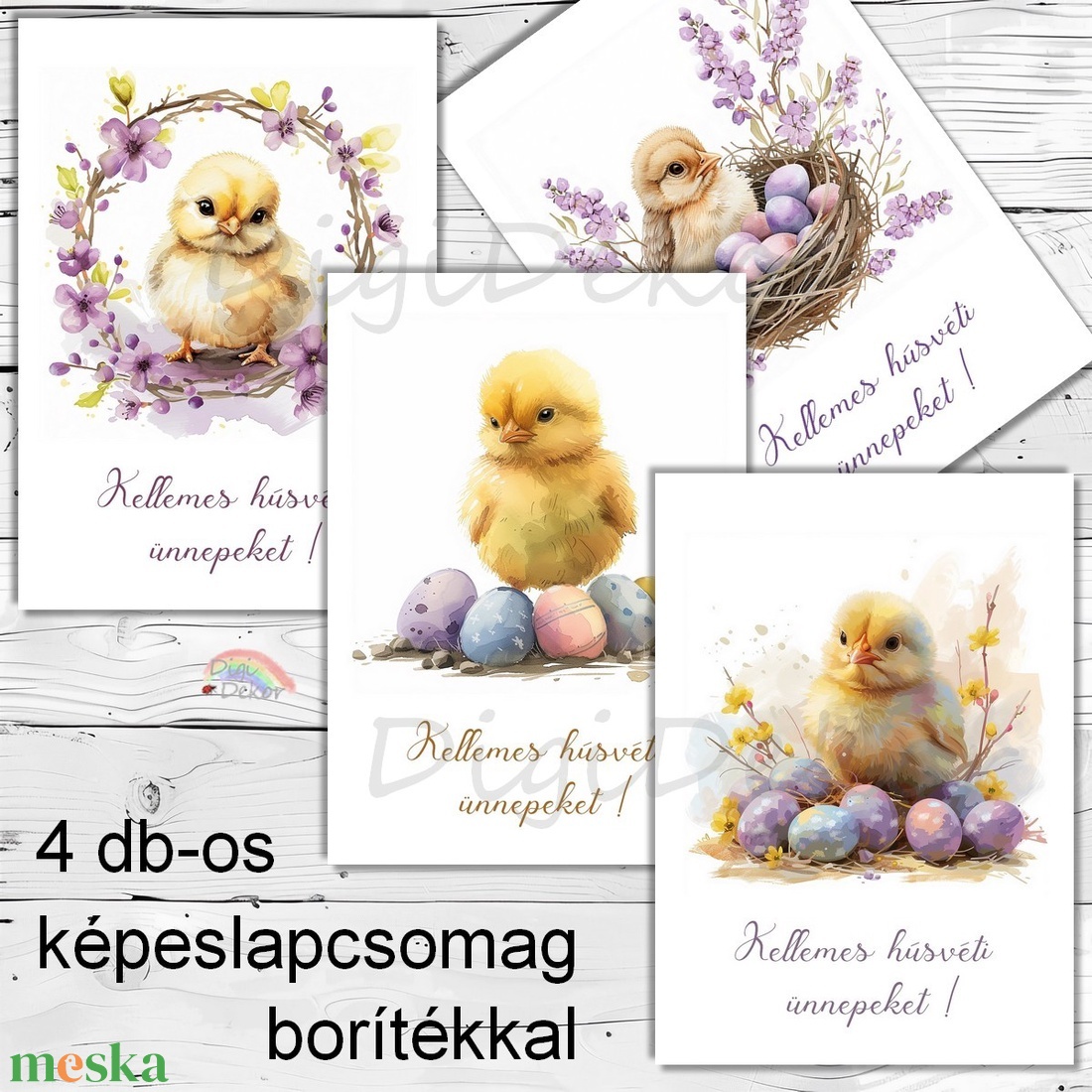 Kiscsibés, lila virágos húsvéti képeslapok borítékkal. Üdvözlőlap-csomag húsvétra.  - otthon & életmód - papír, írószer - ajándékozás kellékei - képeslap, üdvözlőlap - Meska.hu