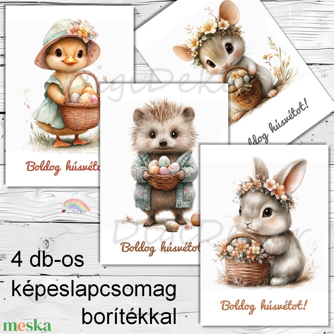 Állatkák tojásos kosárral. Kedves képeslapok húsvétra.  - otthon & életmód - papír, írószer - ajándékozás kellékei - képeslap, üdvözlőlap - Meska.hu