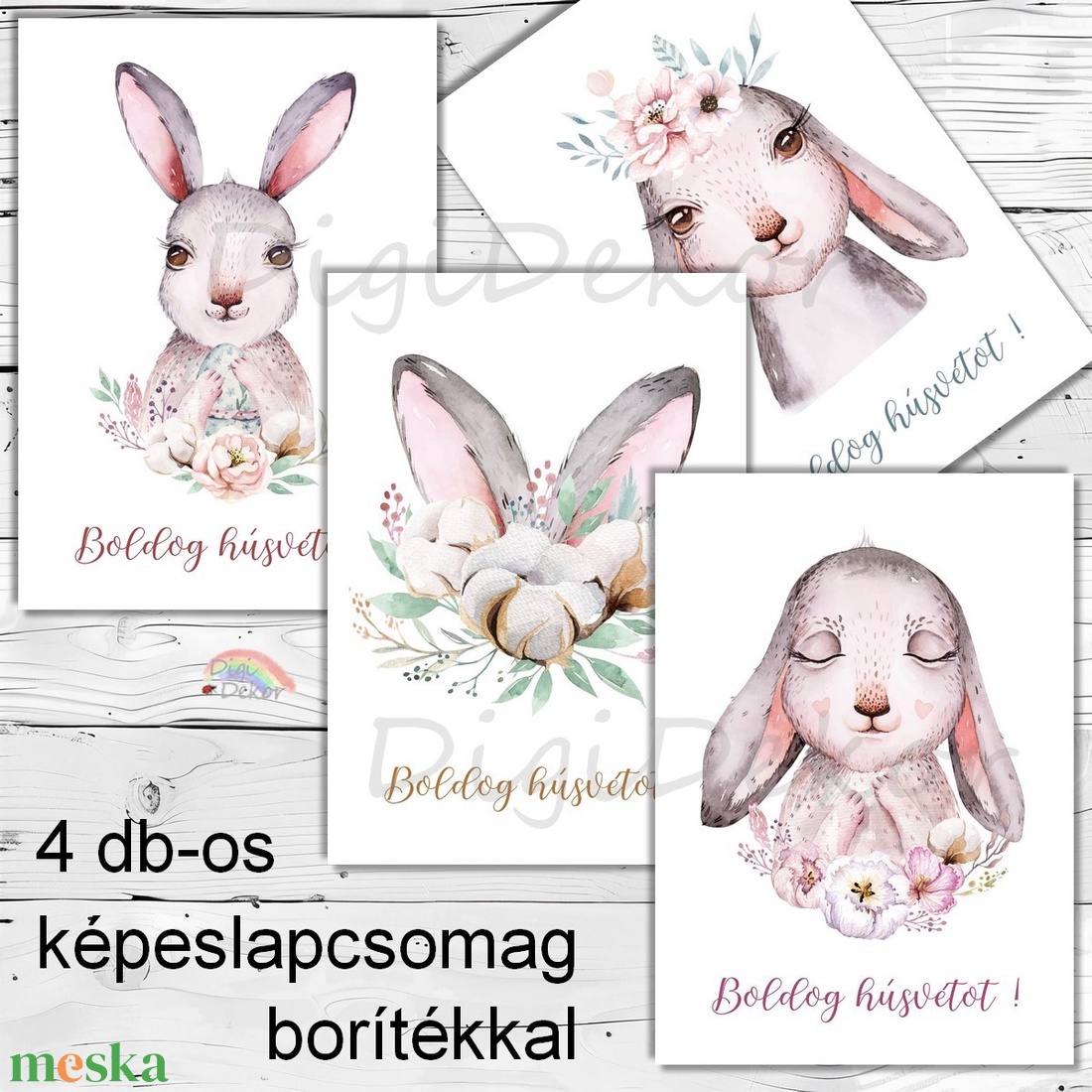 Nyuszis képeslapok húsvétra. 4 db-os képeslapcsomag borítékokkal.  - otthon & életmód - papír, írószer - ajándékozás kellékei - képeslap, üdvözlőlap - Meska.hu