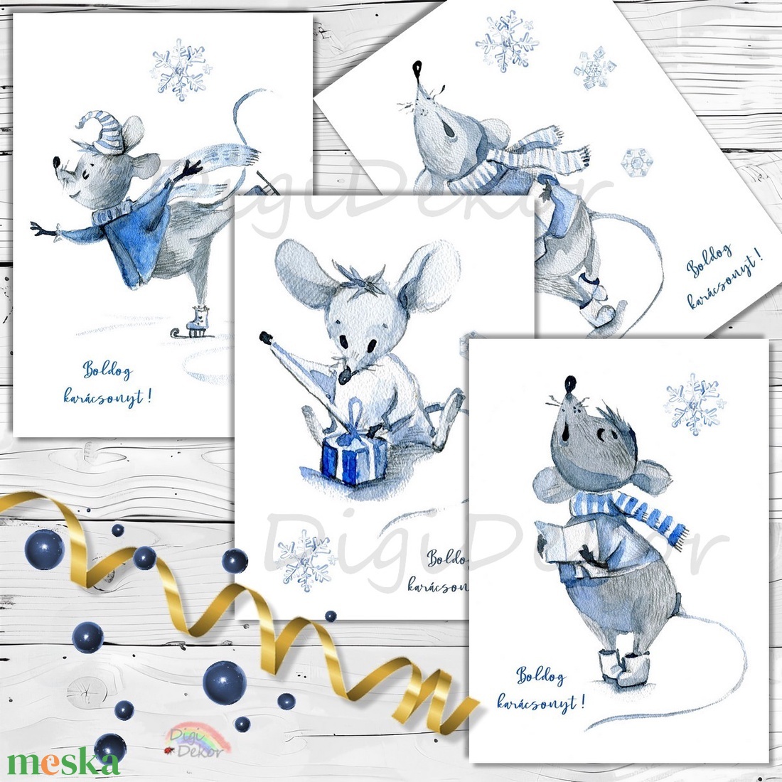 Kék egerek karácsonykor. Hangulatos ünnepi képeslapok csomagban.  - karácsony - karácsonyi ajándékozás - karácsonyi képeslap, üdvözlőlap, ajándékkísérő - Meska.hu