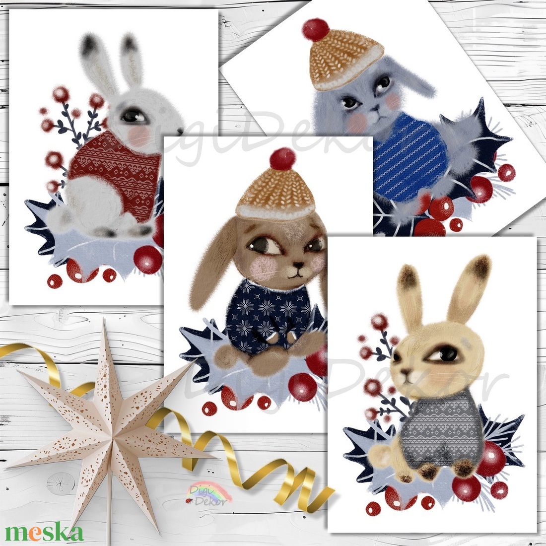 Karácsonyi nyuszik. Aranyos ünnepi képeslapok csomagban. - karácsony - karácsonyi ajándékozás - karácsonyi képeslap, üdvözlőlap, ajándékkísérő - Meska.hu