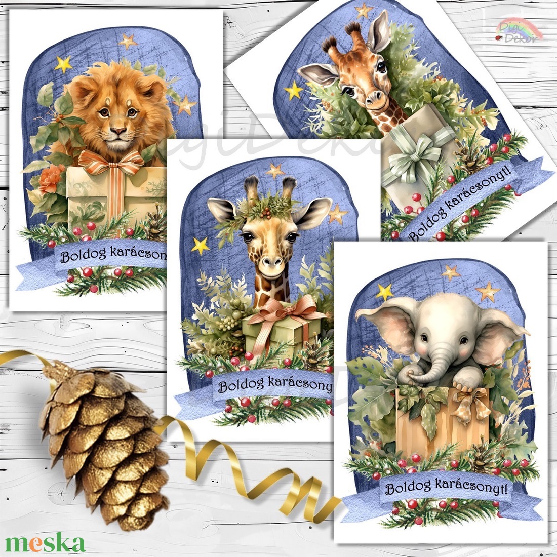 Karácsony a szavannán. Képeslap-csomag gyerekeknek.  - karácsony - karácsonyi ajándékozás - karácsonyi képeslap, üdvözlőlap, ajándékkísérő - Meska.hu