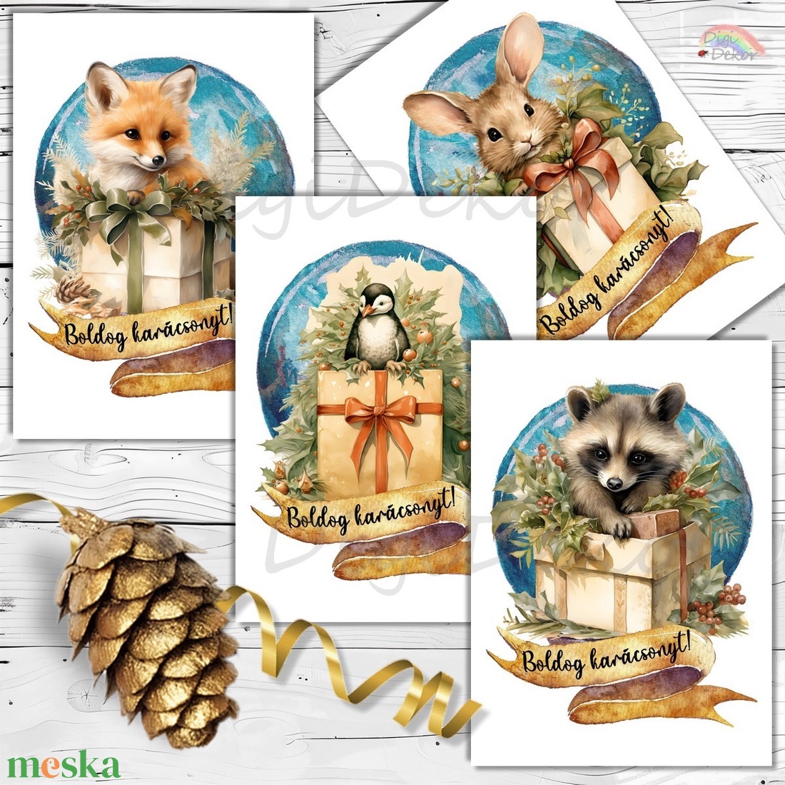 Karácsonyi képeslapok erdei állatokkal. Üdvözlőlap-csomag.  - karácsony - karácsonyi ajándékozás - karácsonyi képeslap, üdvözlőlap, ajándékkísérő - Meska.hu