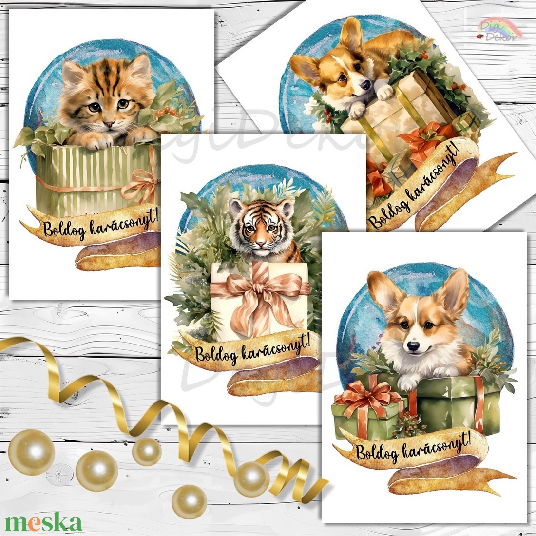 Kutyák és cicák karácsonya. Képeslap-csomag. - karácsony - karácsonyi ajándékozás - karácsonyi képeslap, üdvözlőlap, ajándékkísérő - Meska.hu
