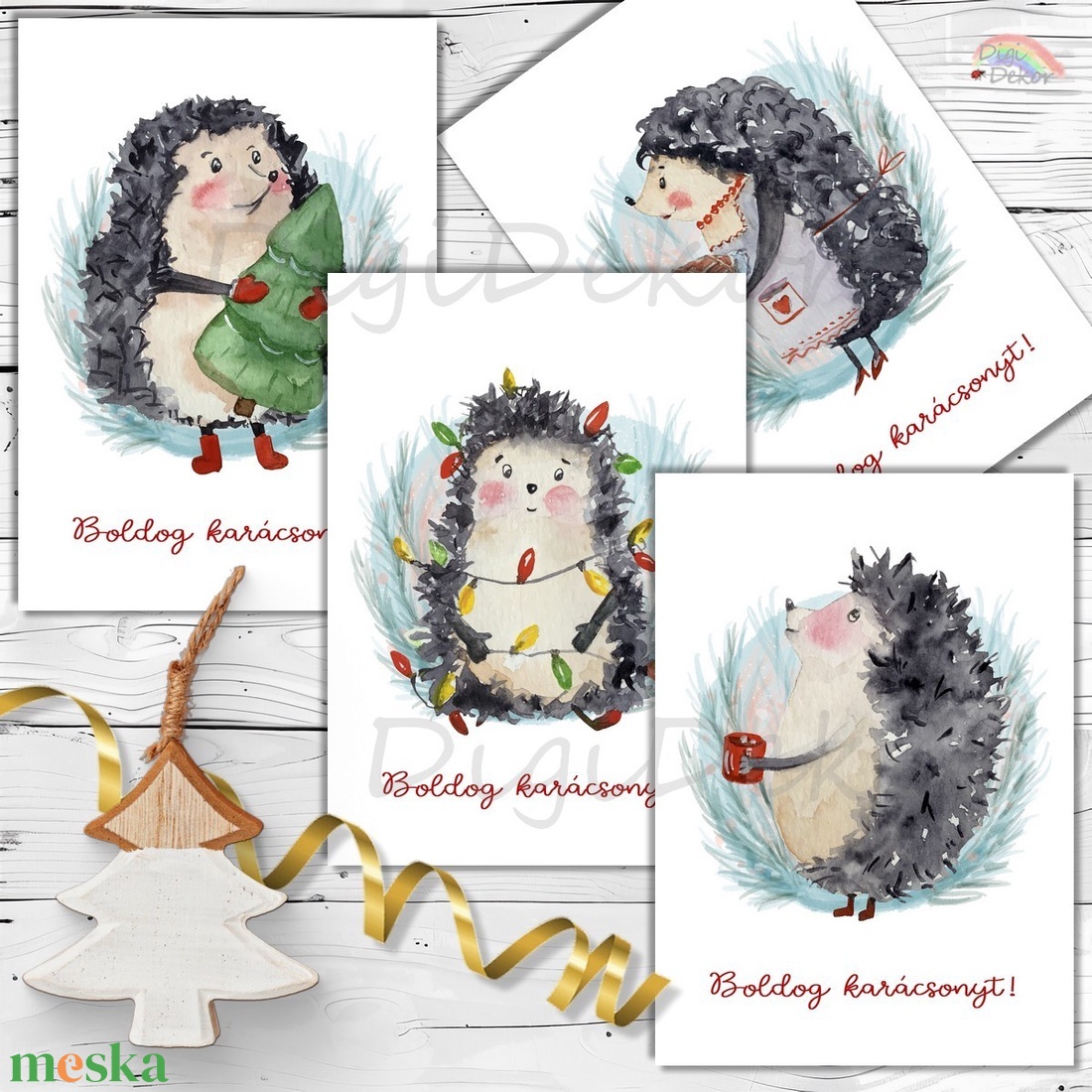 Sünis képeslapok karácsonyra. 4 db üdvözlőlap.  - karácsony - karácsonyi ajándékozás - karácsonyi képeslap, üdvözlőlap, ajándékkísérő - Meska.hu