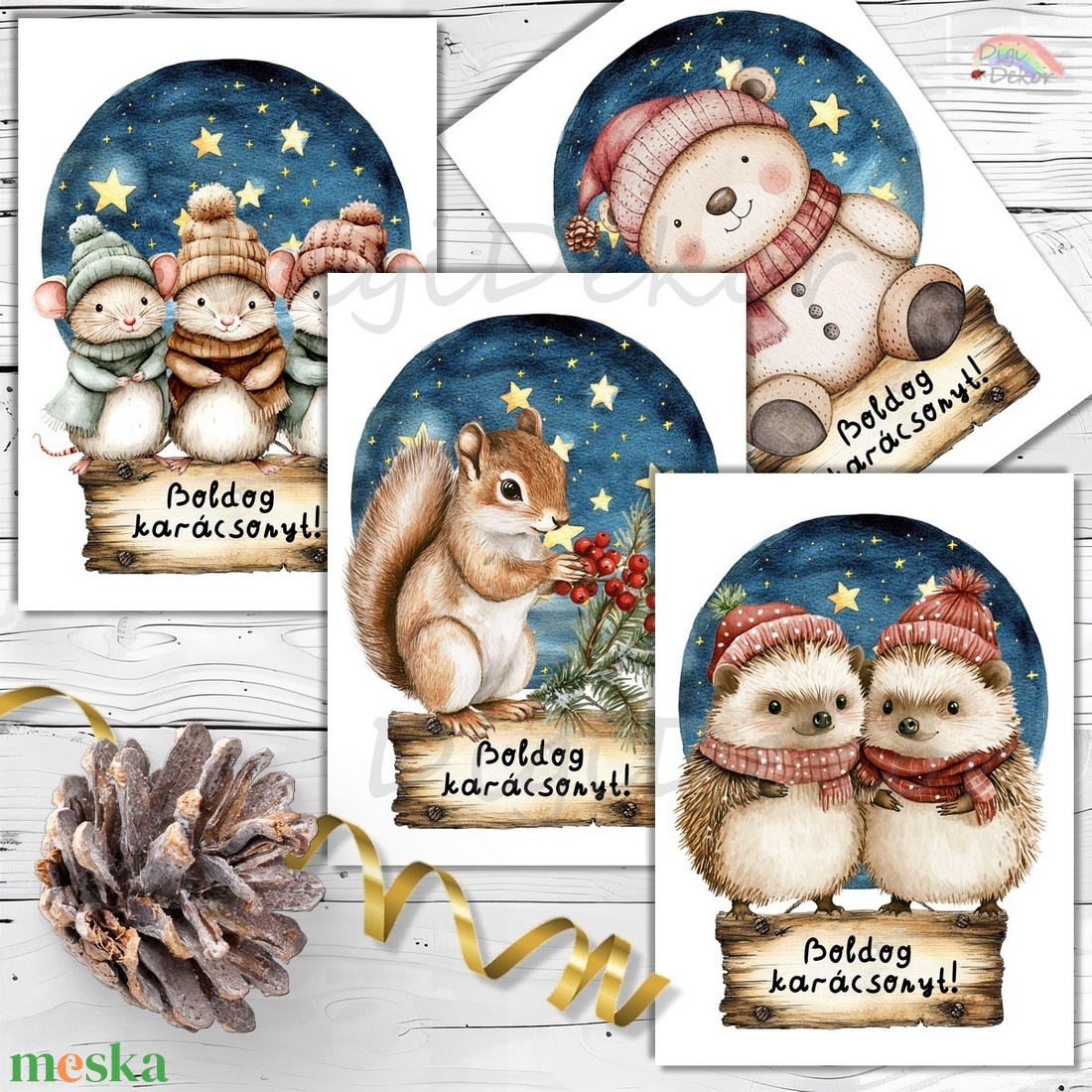 Karácsonyi üdvözlőlapok aranyos állatokkal.  - karácsony - karácsonyi ajándékozás - karácsonyi képeslap, üdvözlőlap, ajándékkísérő - Meska.hu