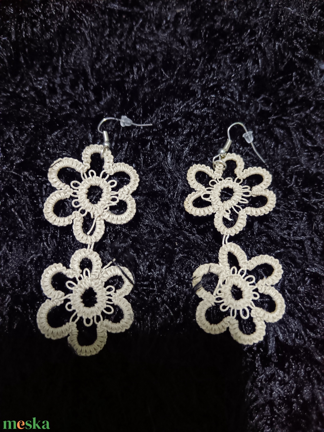 Dupla Virágos hosszú logó hajócsipke fülbevaló  - ékszer - fülbevaló - lógó fülbevaló - Meska.hu