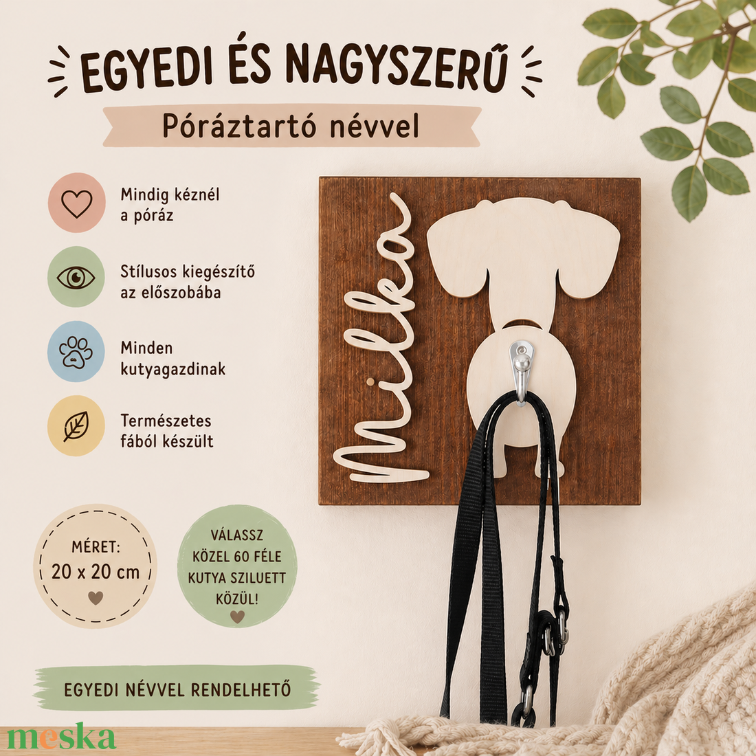 Kutyás póráztartó névvel - otthon & életmód - dekoráció - fali és függő dekoráció - falra akasztható dekor - Meska.hu